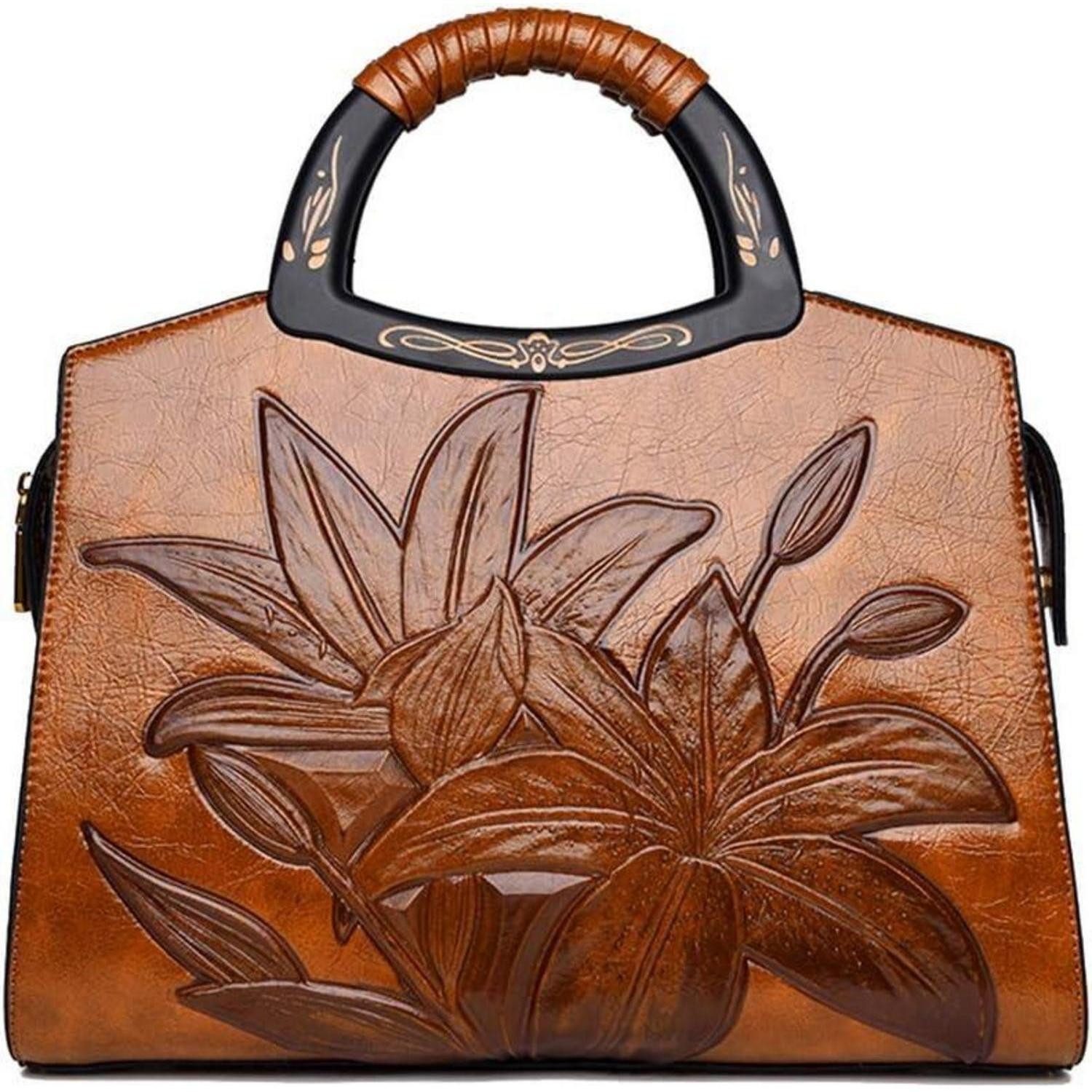 LuxusKollektion Handtasche Damen Handtasche Blumenprägung Holz Henkel Umhängetasche Schwarz