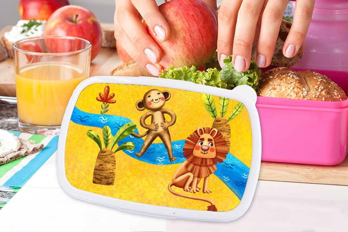 rosa Dschungel für Kunststoff - - Affe Brotbox Erwachsene, Lunchbox (2-tlg), Kinder, Mädchen, - Brotdose MuchoWow Kunststoff, Löwe Snackbox, Wasser,