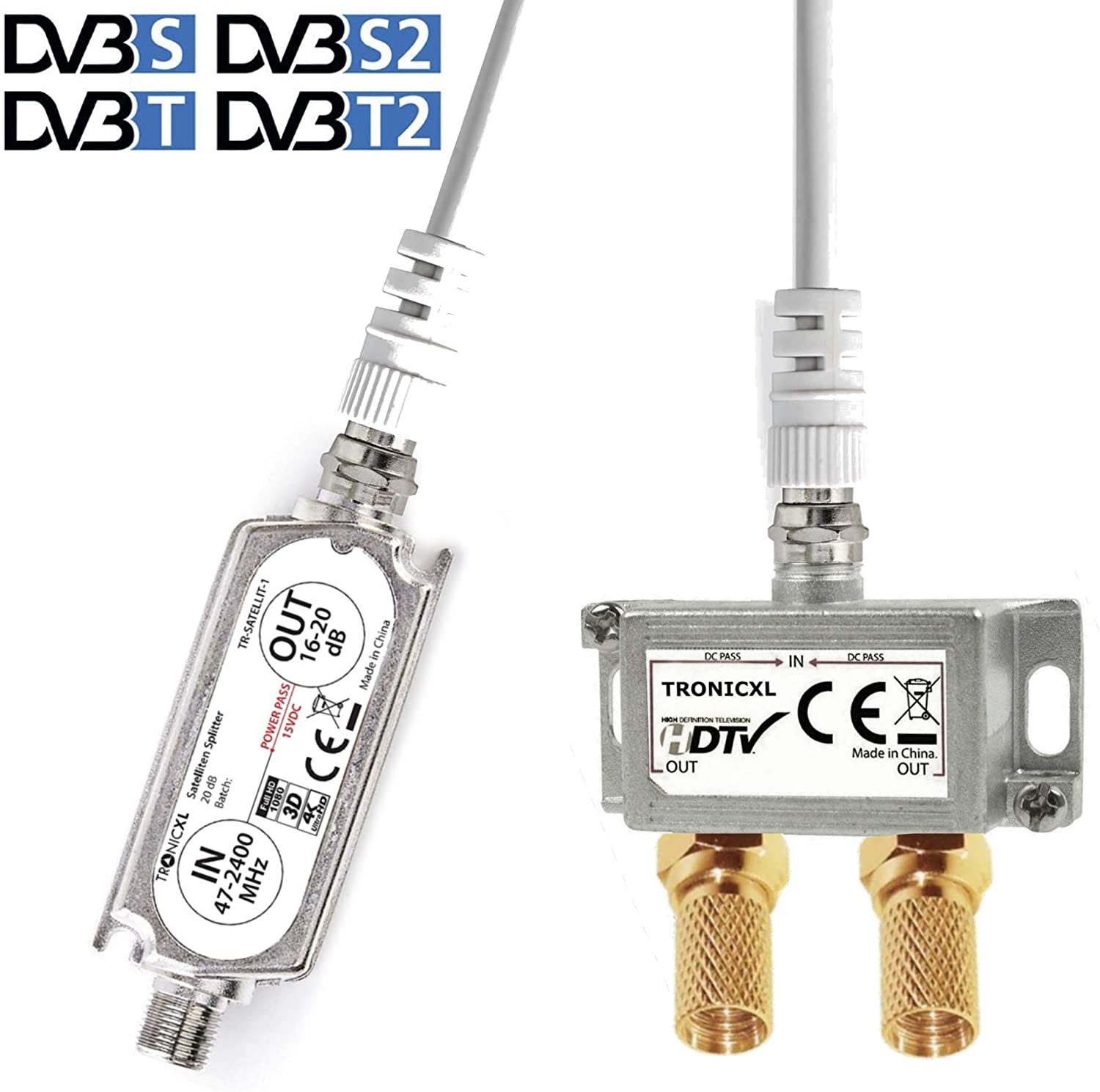 SAT-Verteiler 2-fach Sat Splitter mit Verstärker Weiche DVBS DVBT Unicable TV HD 4K