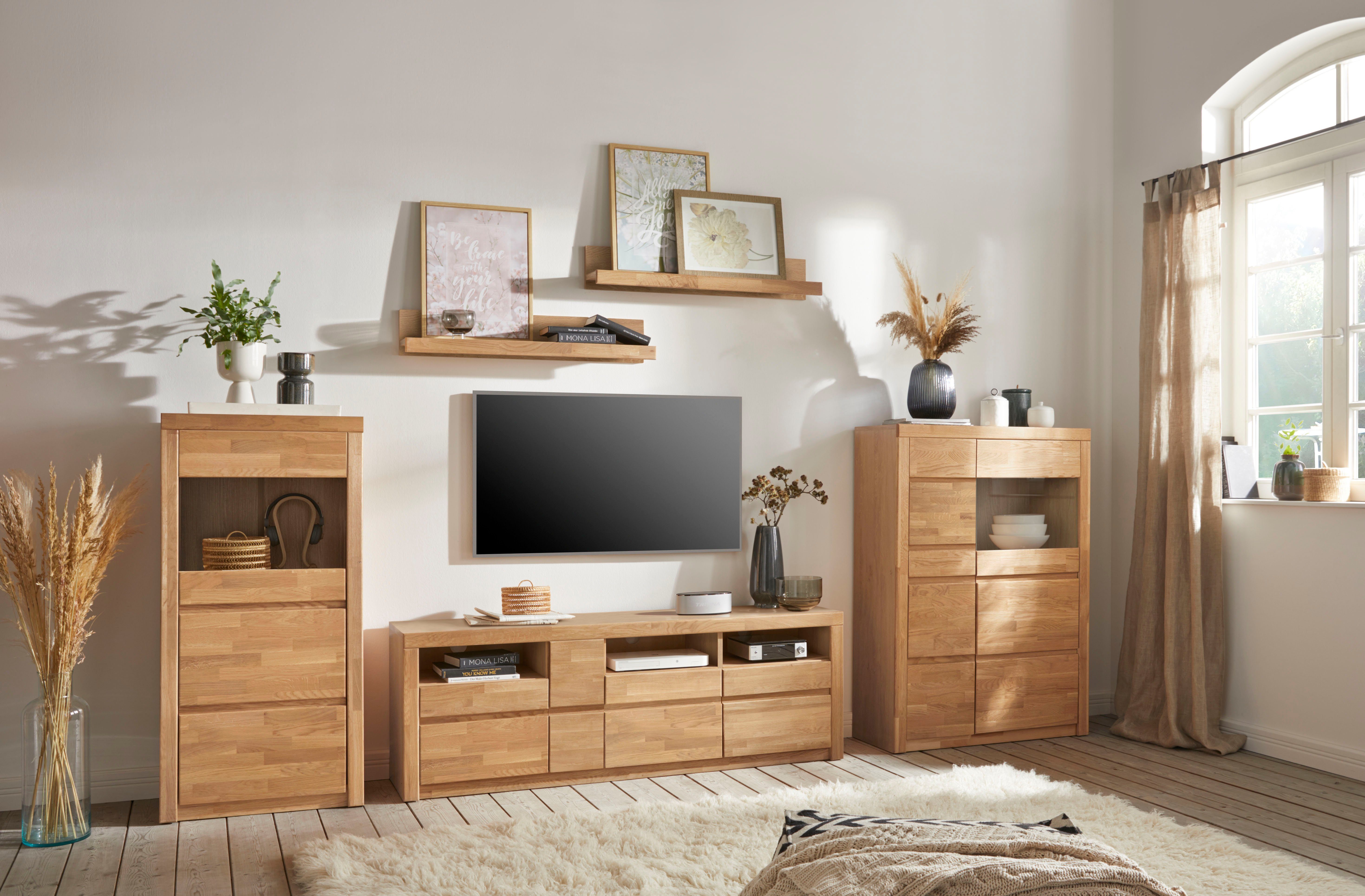 OTTO home Wohnwand Silkeborg: 5-teilig, Breite: 310cm, Griffmulden, variable Einlegeboden, (Set, 5-St), Fronten aus Massivholz und Korpus aus Holzwerkstoff