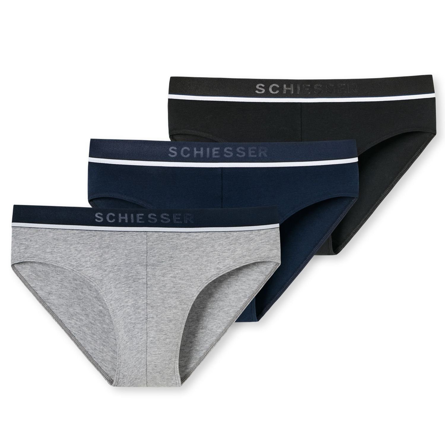 Schiesser Slip (3-St) ohne Eingriff, aufgedoppelter Frontbereich im 3er Pack schwarz / navy / grau melange