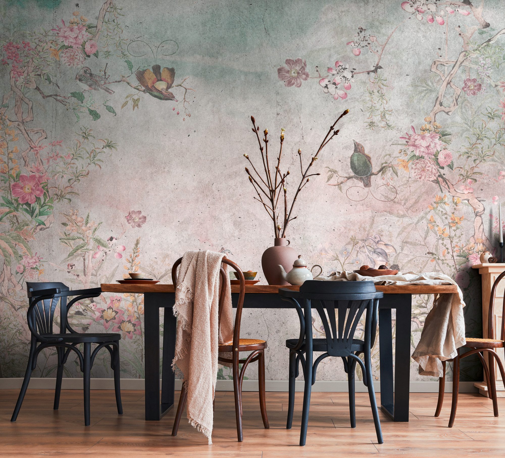 living walls Fototapete THE WALL III florale Tapete Motivtapete Blumen Vögel, glatt, matt, (1 St), Vliestapete Vögel für Schlafzimmer Küche Wohnzimmer Floral Design Flur