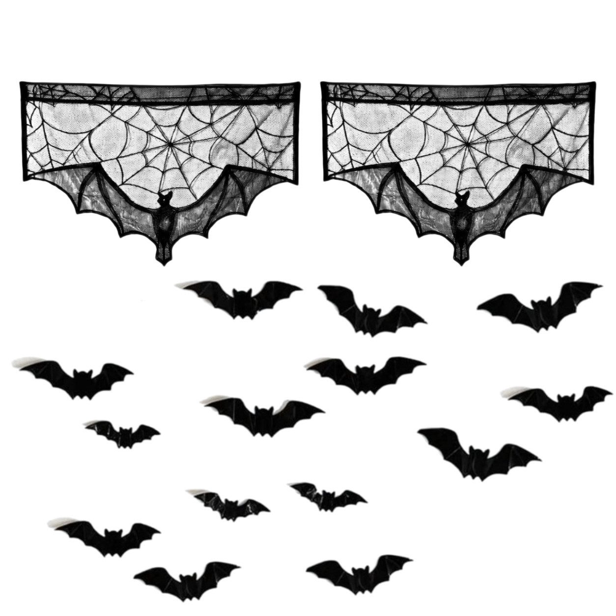 FOUORTUNATE-BEE Gardine 3er Set Halloween Fensterdeko mit Fledermäusen, 2 Vorhänge & Sticker, Halloween Fledermaus Deko, 2 Spitzengardinen 93 x 57 cm, 16 Sticker