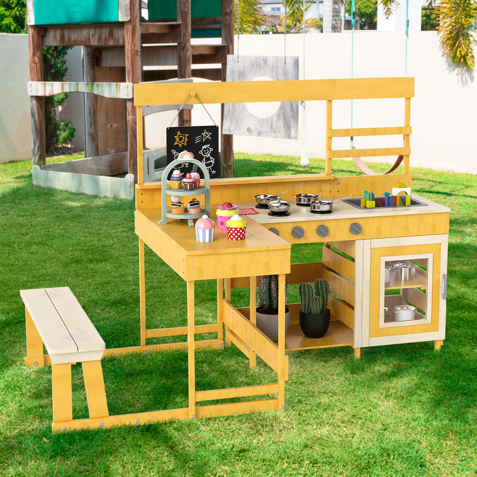 COSTWAY Outdoor-Spielküche Holz, Kinderküche Holz mit Bank, Tafel, Zubehör