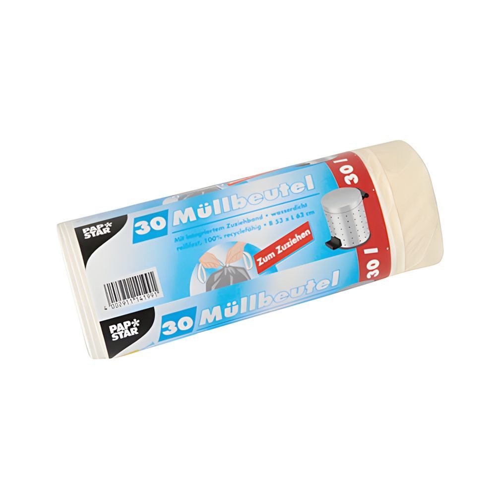 PAPSTAR Müllbeutel Müllbeutel mit Zugband, LDPE 30 l 62 cm x 53 cm weiss 17 my 270 Stk