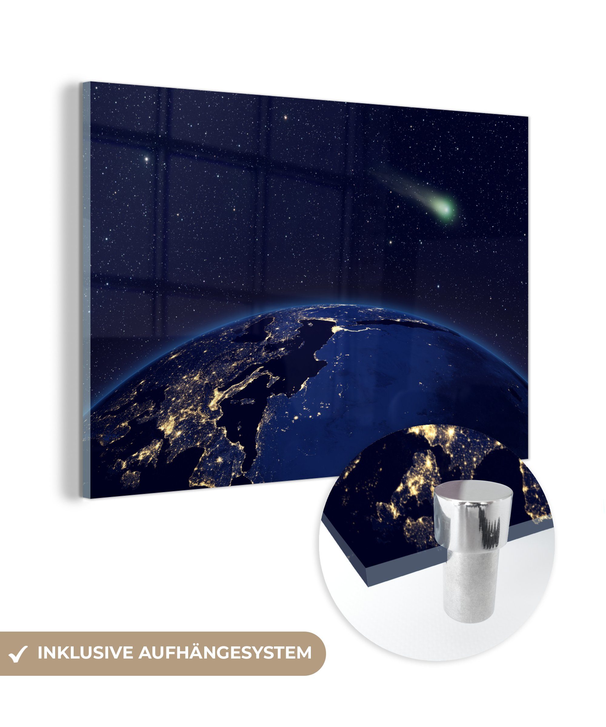 MuchoWow Acrylglasbild Komet über einer blauen Erde, (1 St), Acrylglasbilder Wohnzimmer & Schlafzimmer