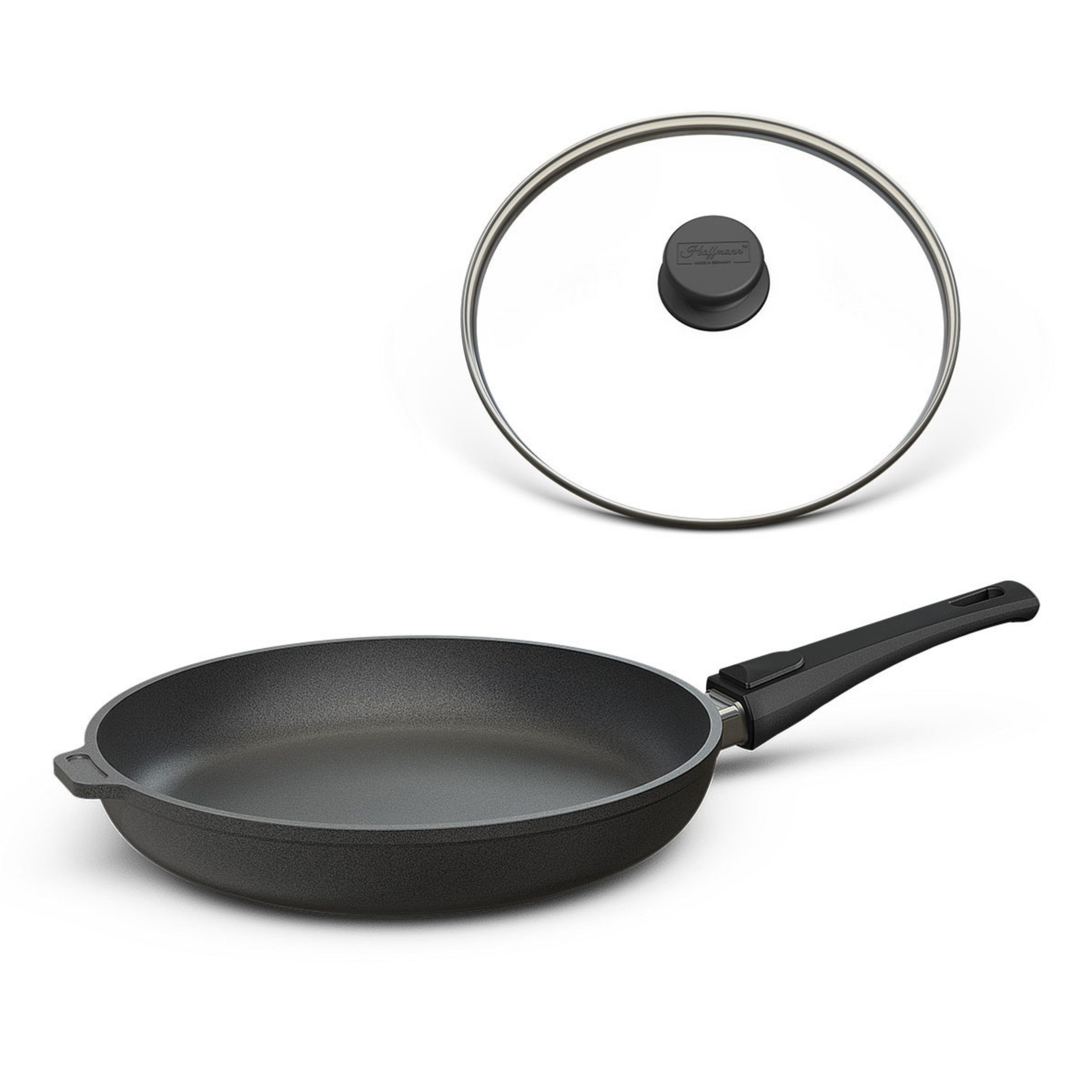 Hoffmann Germany Bratpfanne Aluguss Ø 20 cm mit Deckel – Made in Germany Pfanne, Aluguss (Set, 2-tlg., 1x Bratpfanne Ø 20 cm + 1x Glasdeckel), abnehmbarer Griff, backofenfest bis 250°C, Induktion, Antihaft