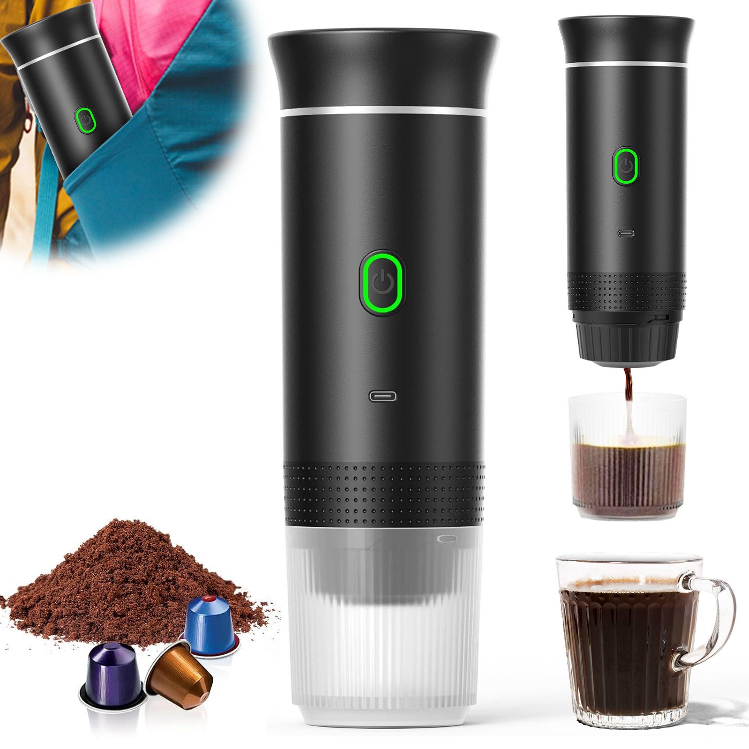 RWEUOQ Espressomaschine, Kaffeemaschine mit konzentrierter Kapsel für Reisen/ USB-C-Laden, Camping-Kaffeemaschine 3 in 1