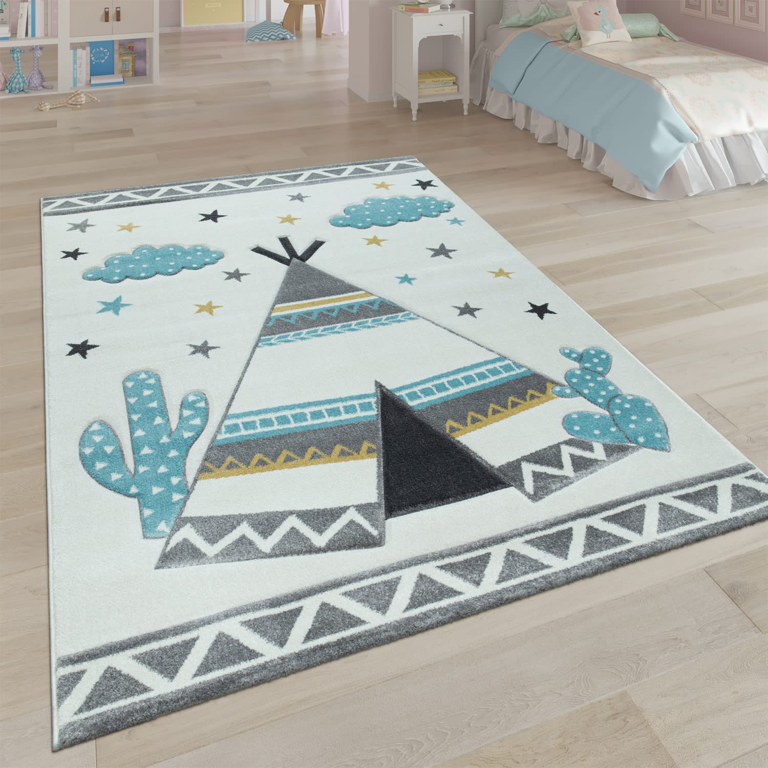 KADIMA DESIGN Kinderteppich Tipi‑Muster Kinderzimmer schmutzabweisend Teppich Kinder, Quadrat, Höhe: 16 mm, Florhöhe: 12 mm, 100% Polypropylen, Quadrat, 133Scm, Creme