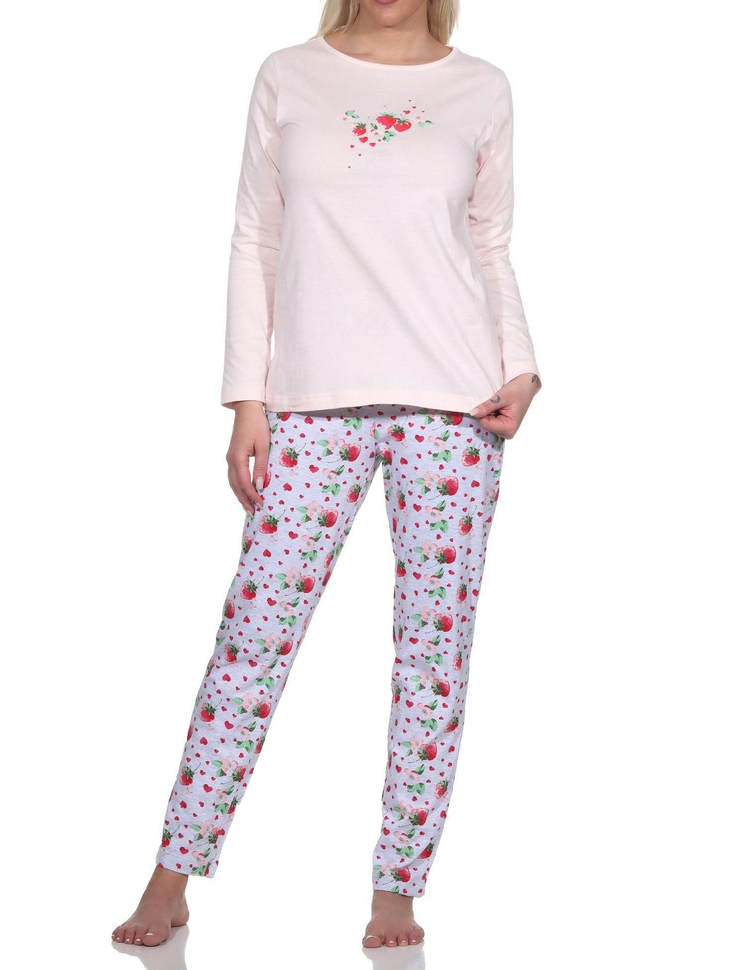 Pyjama Süsser Damen Schlafanzug langarm Pyjama mit Erdbeeren als Motiv