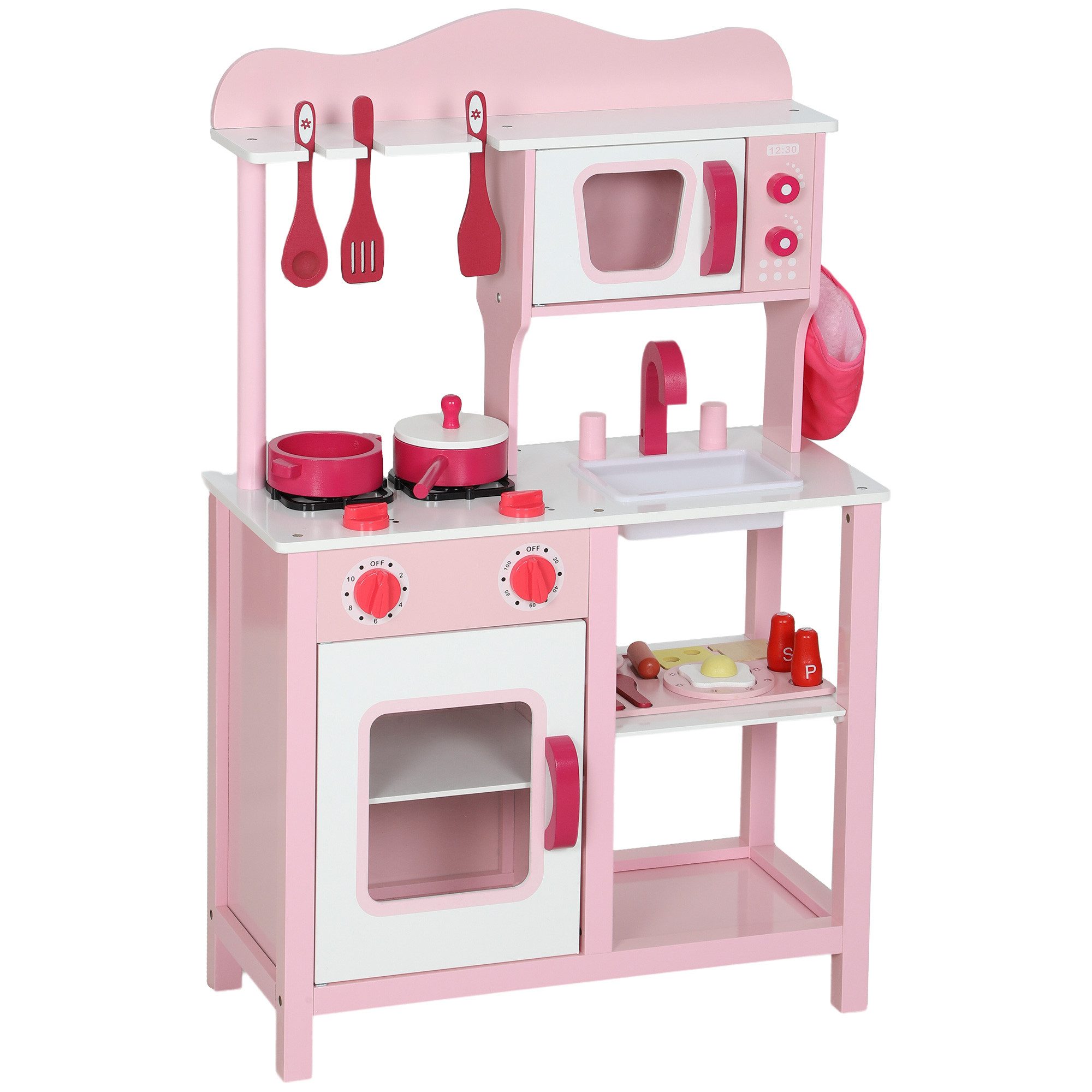 AIYAPLAY Spielküche Kinderküche Spielset mit Backofen, Herd, Soundfunktion Holzwerkstoff, mit Bratpfanne, Mikrowelle, Rosa