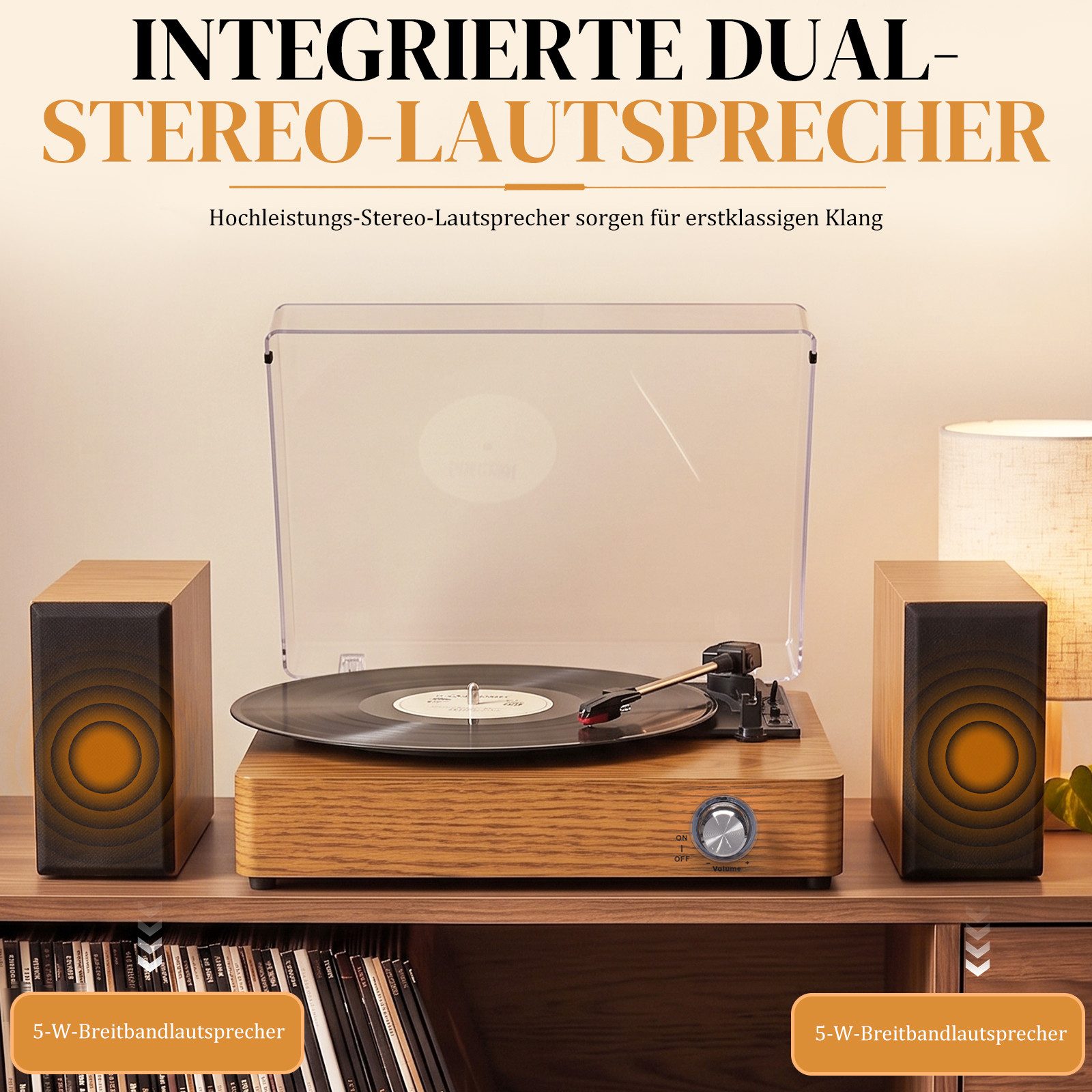 LALAHO Retro Plattenspieler mit separaten Stereolautsprechern, Bluetooth Plattenspieler (33/45/78 U/min, Staubschutzhaube, AUX‑ & RCA‑Anschluss) – Bild 3 von 5