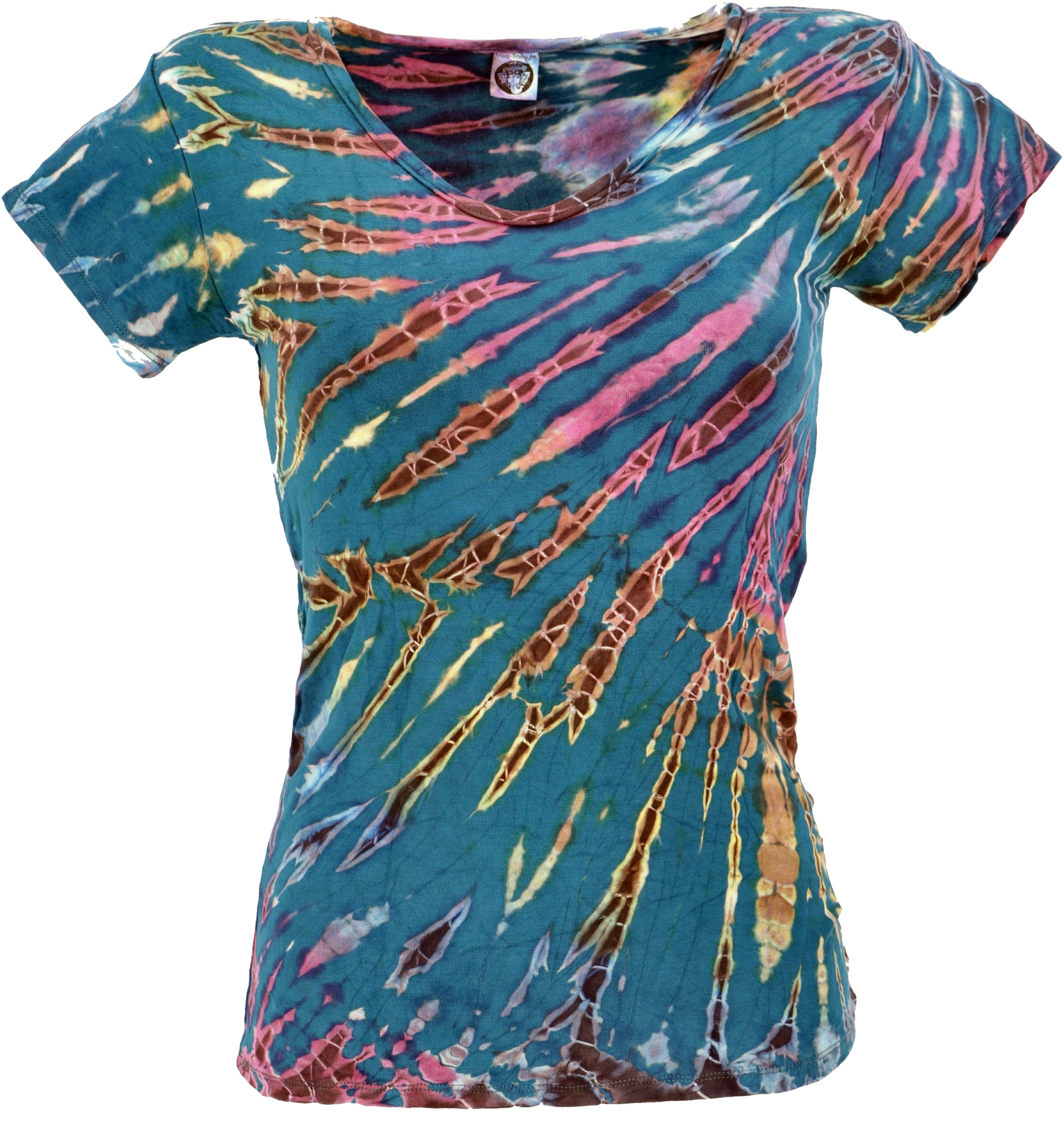 Guru-Shop T-Shirt Batik Hippie T-Shirt mit V-Auschnitt, Unikat.. Ethno Style, Hippie, alternative Bekleidung, Festival