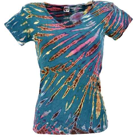 Guru-Shop T-Shirt Batik Hippie T-Shirt mit V-Auschnitt, Unikat.. Festival, Ethno Style, Hippie, alternative Bekleidung