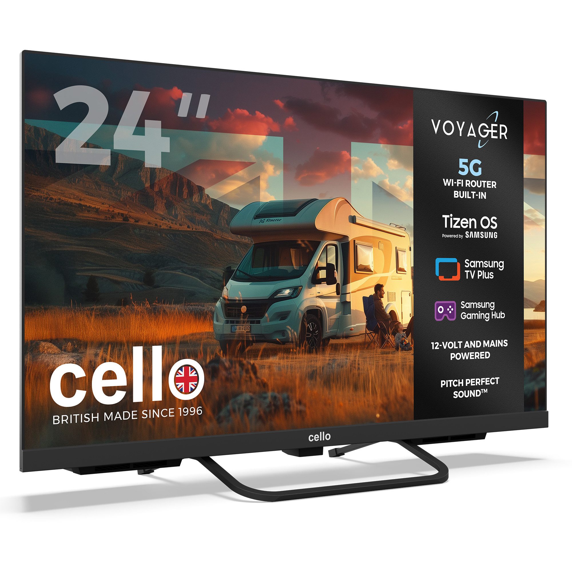 Cello 24" Voyager Traveller Tizen OS Smart‑TV mit integriertem 5G‑Router LED-Fernseher (60,96 cm/24 Zoll, HD-Ready, Smart‑TV, WLAN, 5G‑Router integriert, Intern verbaute LTE‑Antennen, Pitch Perfect Sound, Samsung Gaming Hub)