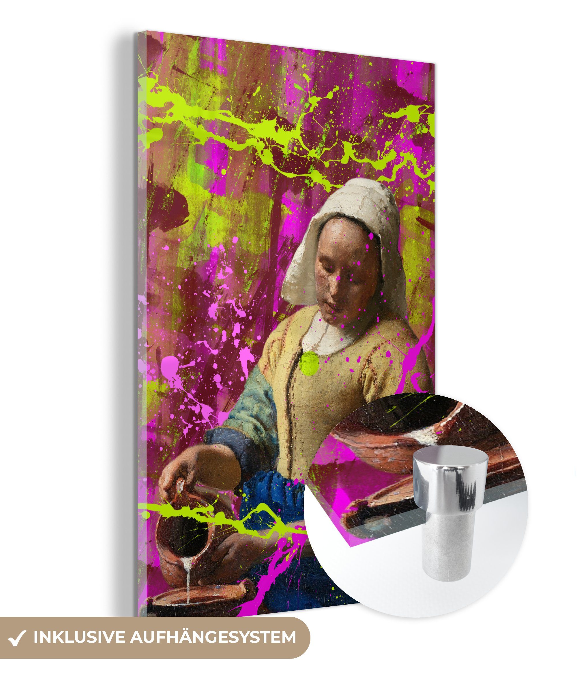 MuchoWow Acrylglasbild Milchmädchen - Johannes Vermeer - Neon, (1 St), Glasbilder - Bilder auf Glas Wandbild - Foto auf Glas - Wanddekoration bunt