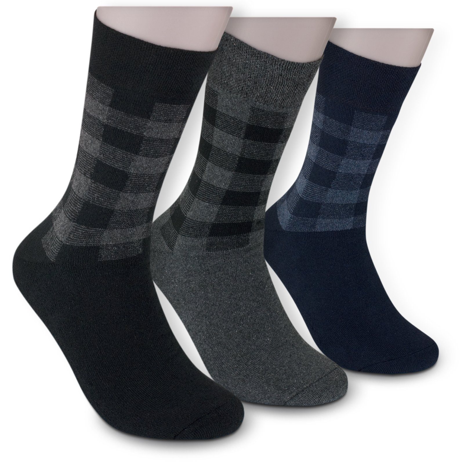 Die blau (Bund, Sockenbude schwarz) 3-Paar, grau KARO vollfrottee Thermosocken