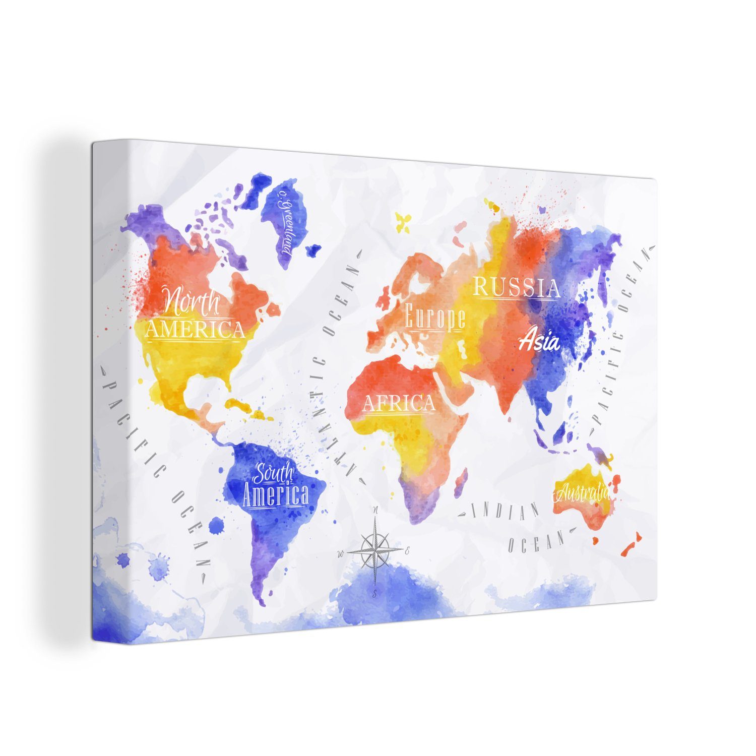 OneMillionCanvasses® Leinwandbild Wandbild - Rot - Wanddeko, Aufhängefertig, (1 30x20 Blau, Aquarell Weltkarte Leinwandbilder, cm St), 