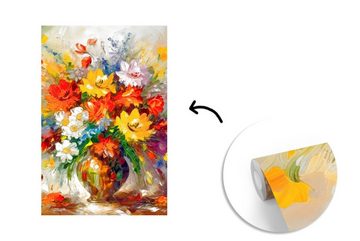 MuchoWow Fototapete Blumen - Bunt - Ölfarbe - Blumentopf, Matt, bedruckt, (3 St), Montagefertig Vinyl Tapete für Wohnzimmer, Wandtapete