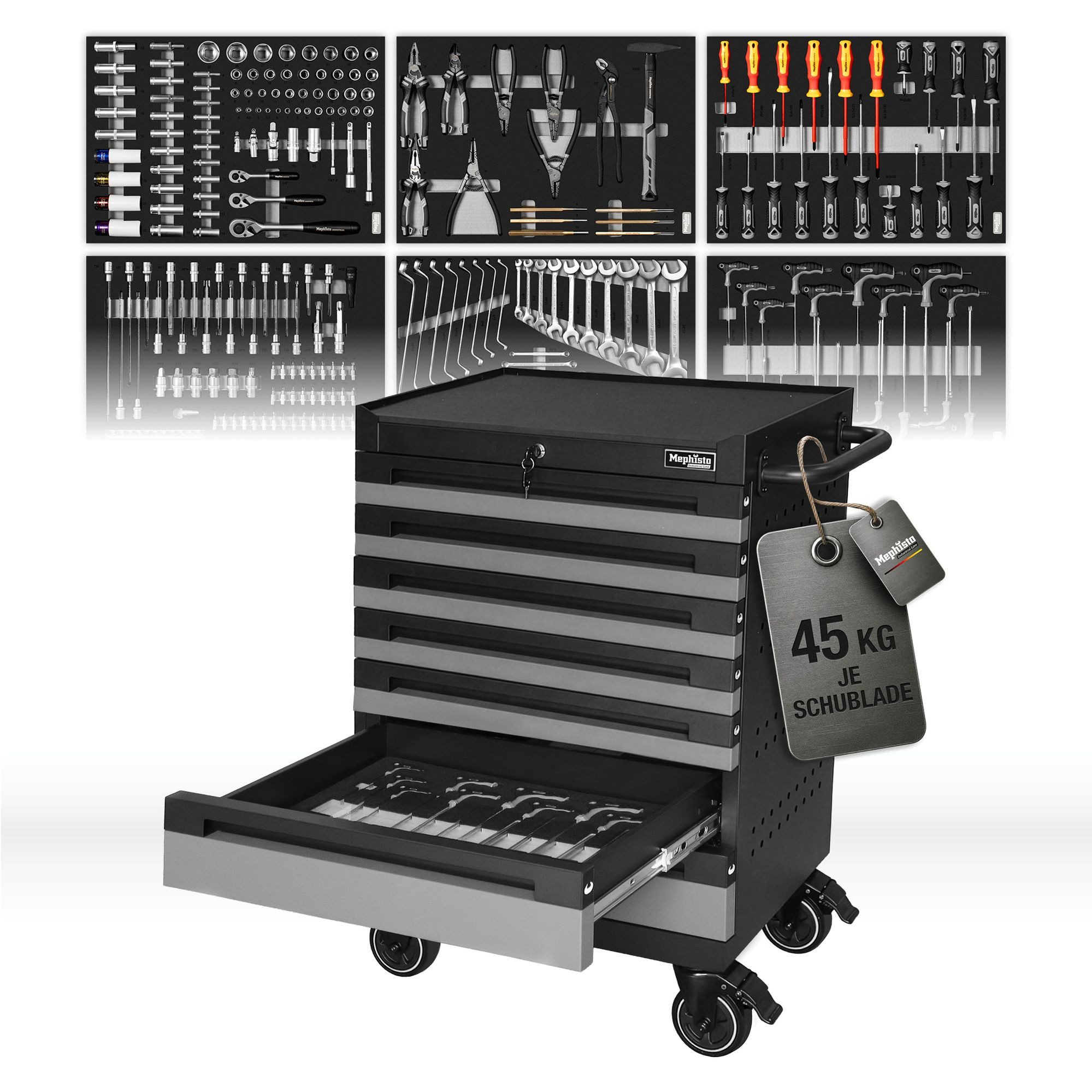 Mephisto-Tools Werkzeugwagen, (fertig montiert und bestückt), 7 Schubladen abschließbar & bis zu 40 kg belastbar, 2 Schlüssel inkl.
