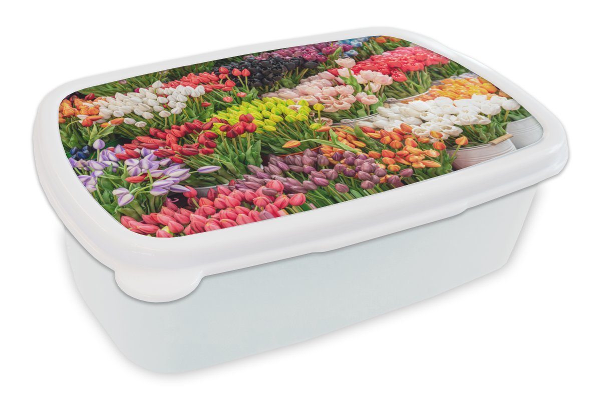 MuchoWow Lunchbox Blumen - Tulpen - Farben, Kunststoff, (2-tlg), Brotbox für Kinder und Erwachsene, Brotdose, für Jungs und Mädchen weiß