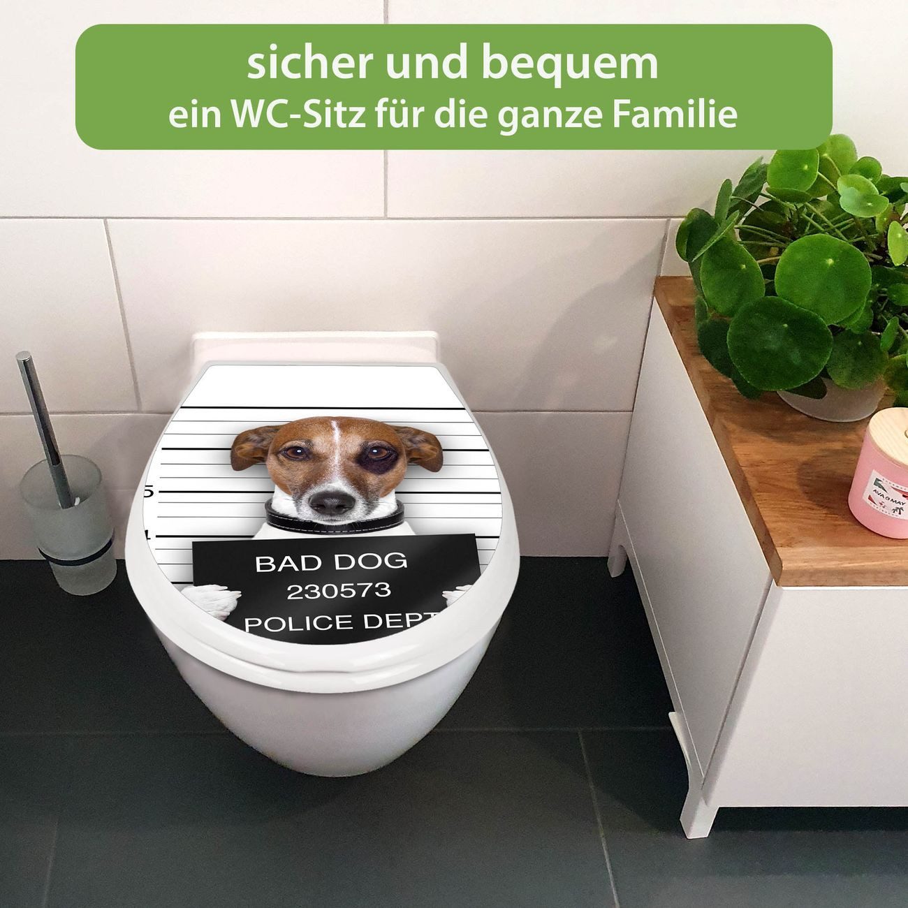 banjado WC-Sitz mit Kindersitz Motiv Bad Dog Jack Russel (mit Kindersitz, integrierte Scharniere), 44,9 x 37,1 x 5 cm