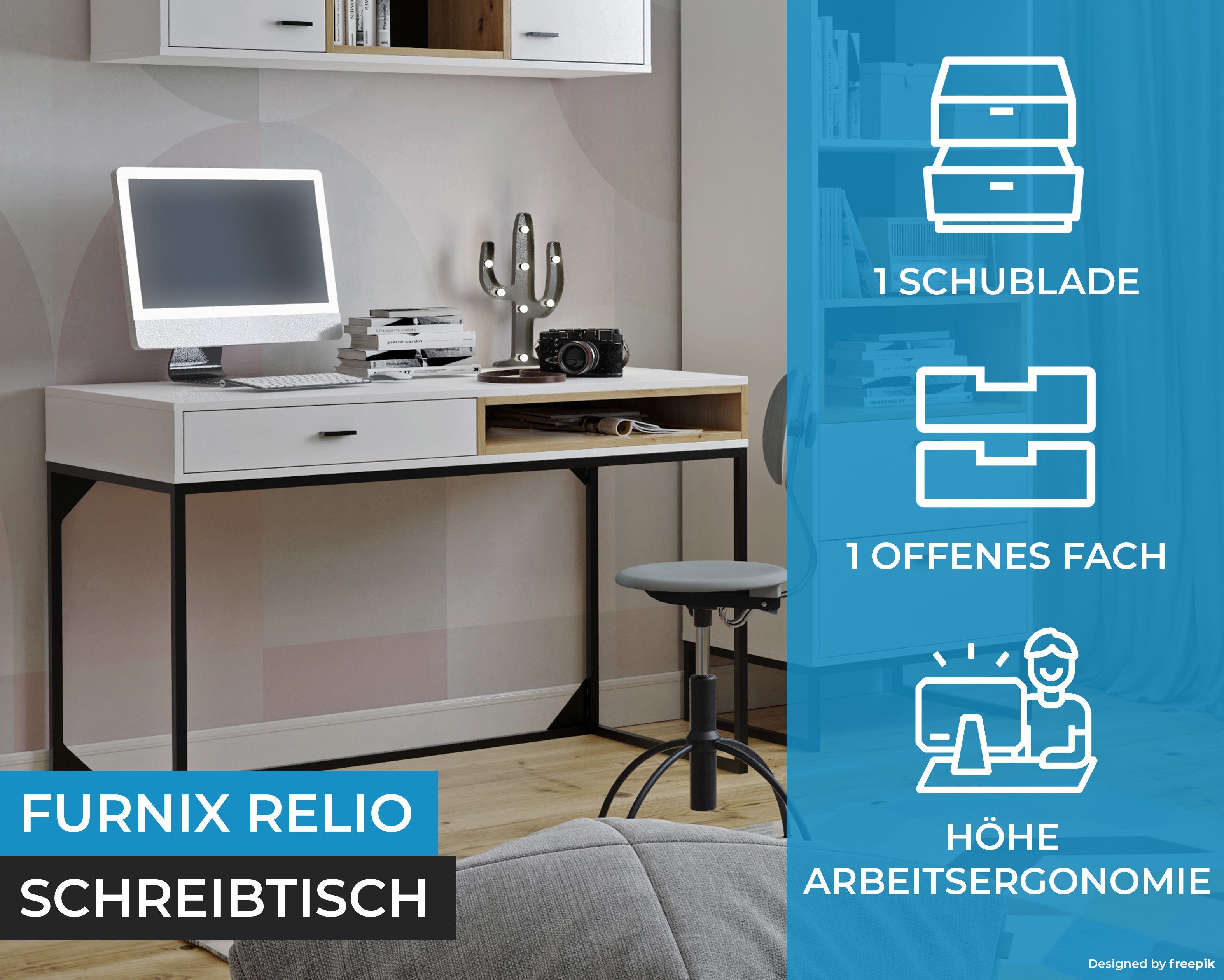 Furnix Schreibtisch RELIO PC-Tisch Arbeitsplatz H80,5 Ablage, B120 T60 Schublade, mit cm Scandi-Design, Weiß/Artisan x x
