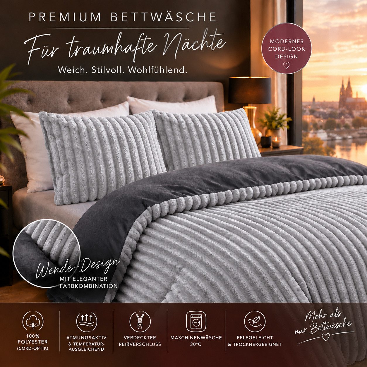Leonado Vicenti Bettwäsche CORD Optik, Teddy Plüsch, Cashmere Touch, Fleece, 2 teilig, Winter, Wendeseite Anthrazit, flauschig, warm, Nicky-Plüsch – Bild 3 von 5