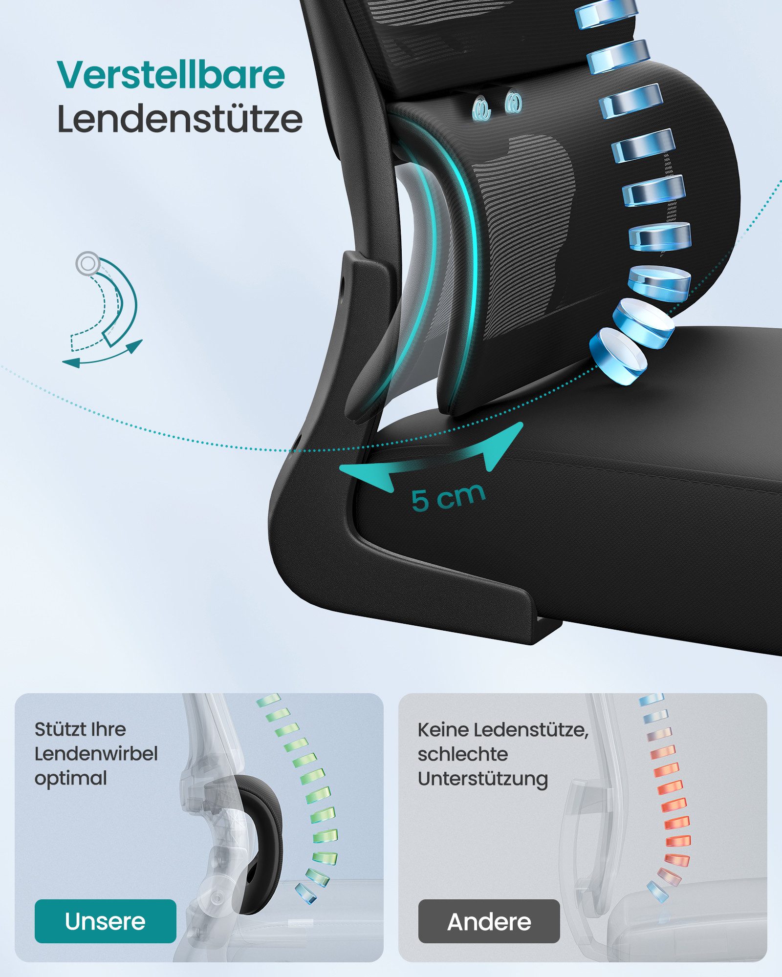 SONGMICS Bürostuhl ergonomischer Netzstuhl, für Homeoffice, mit doppellagigem Netzgewebe, Schreibtischstuhl, adaptive Lendenstütze, verstellbare Kopfstütze – Bild 4 von 5