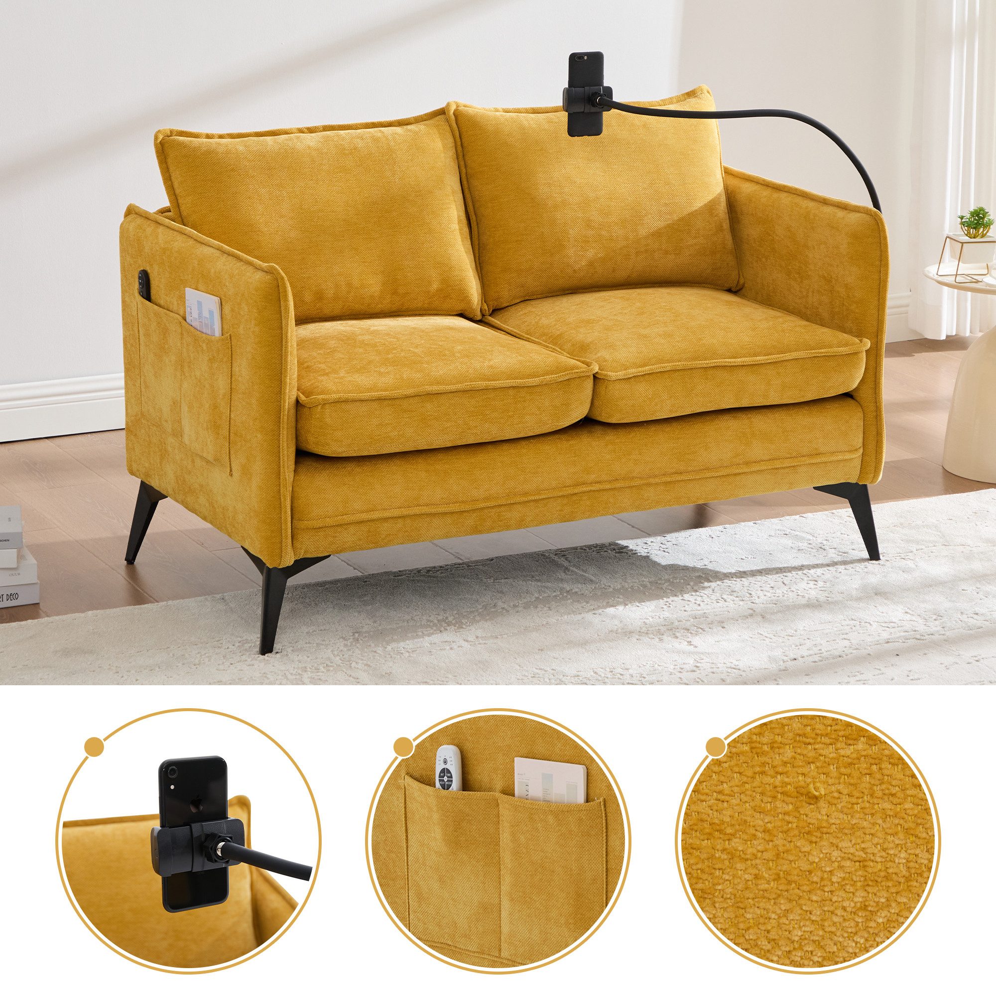Totnz Sofa Zweisitzer Sofa mit Chenille Bezug, Handyhalterung, Seitenfächern, für Schlafzimmer, Wohnzimmer und kleine Räume