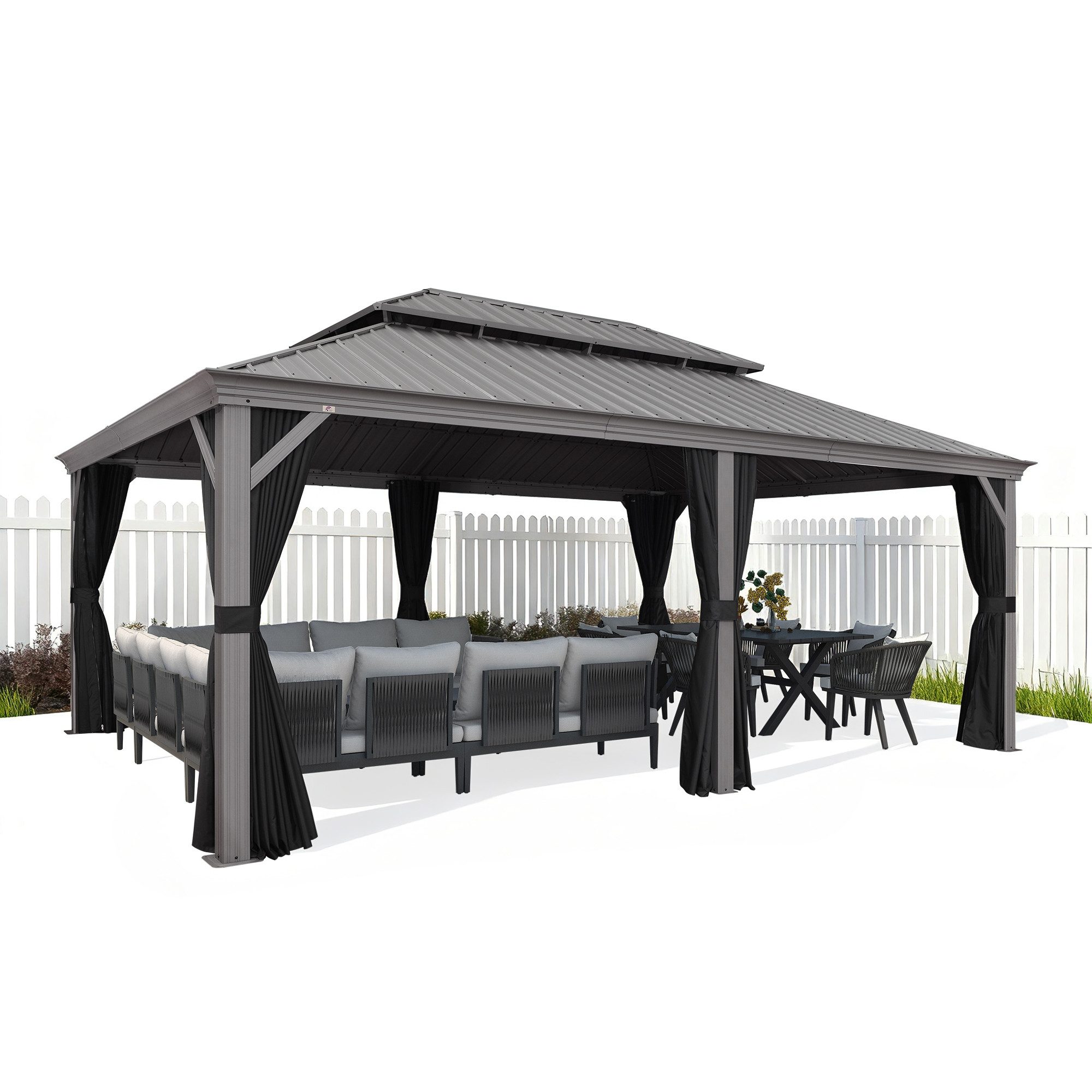 PURPLE LEAF Pavillon Außenbereich Alu Gartenpavillon, Gazebo mit Stahldach Hardtop, 425x600 CM, Inklusive Vorhänge und Fliegengitter, für Terrasse, Rasen