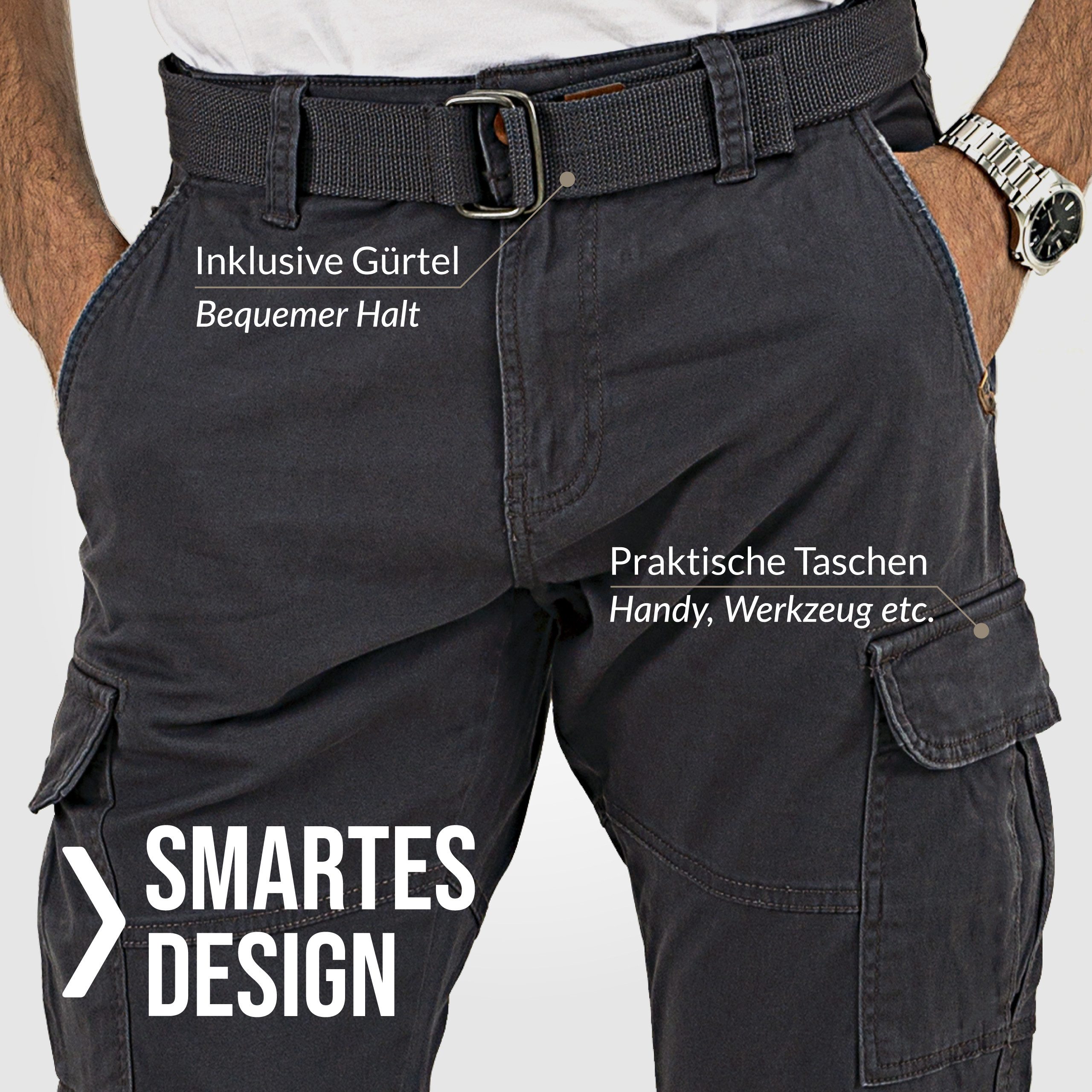 Indicode Cargohose Herren William Cargo Hose Herrenhose mit 7 Taschen, inkl. Gürtel