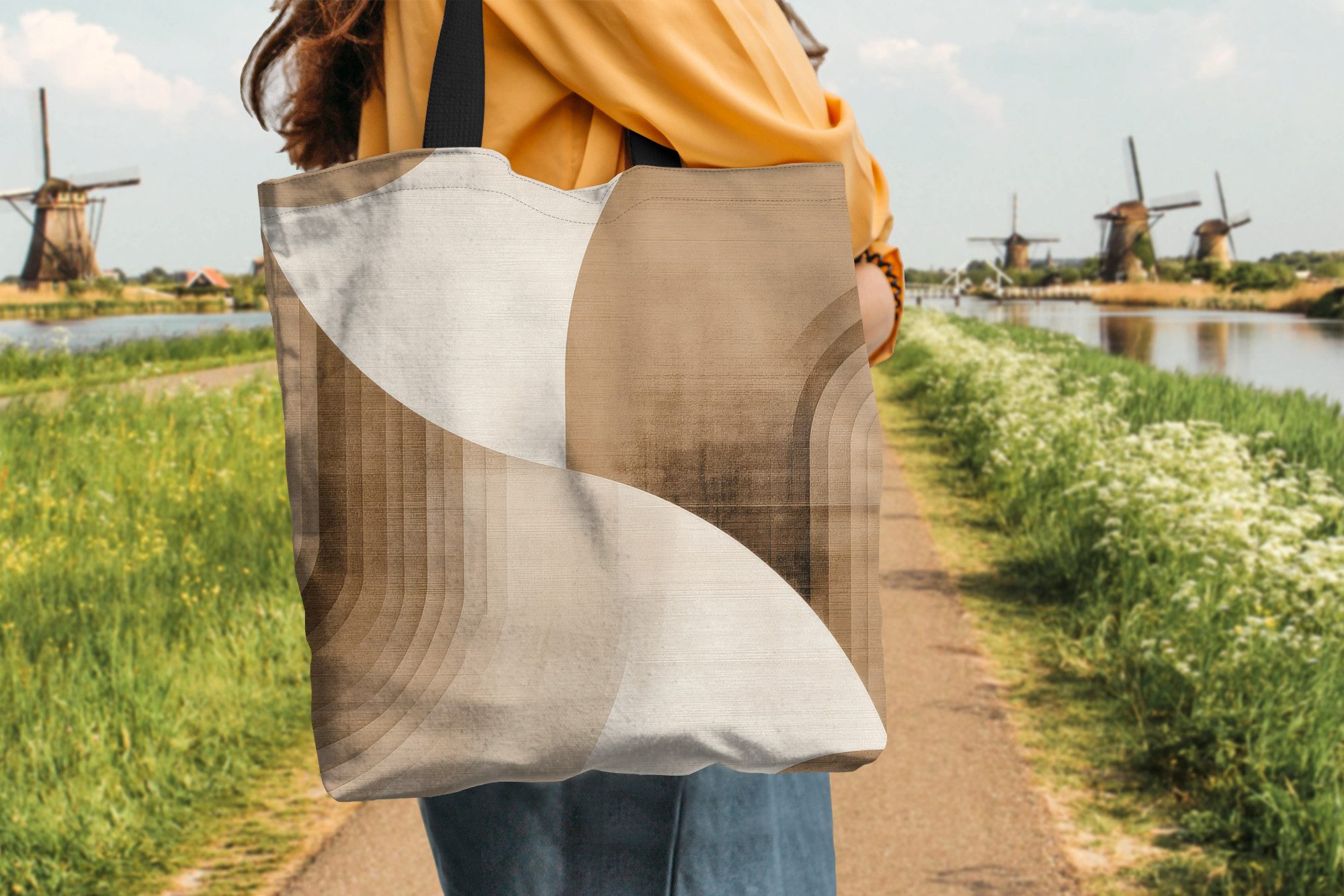 MuchoWow Shopper Retro - Geometrische Schichten - Erdtöne, Handtasche, Damen und Herren, Schultertasche, Umhängetasche, Tote Bag