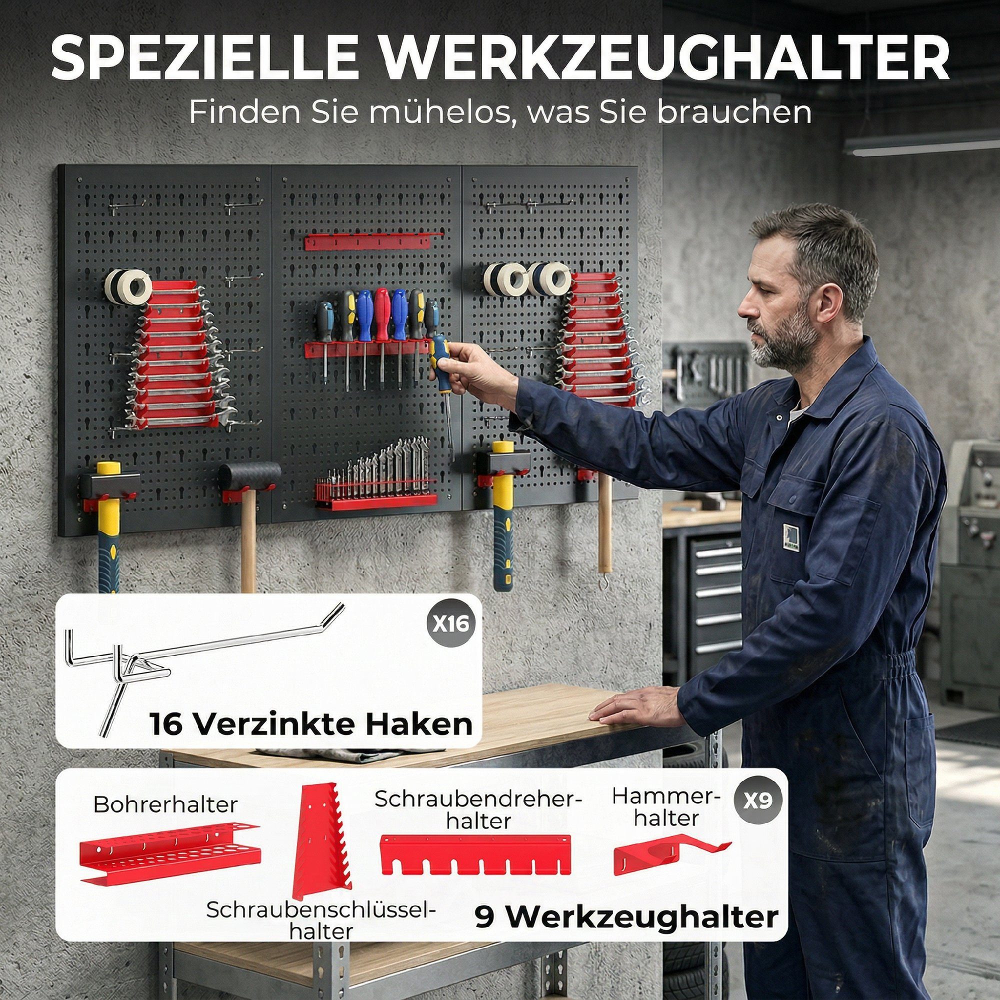 HOMCOM Lochwand Schüttenregal, Ablageböden, Sichtlagerkästen, Werkstattregal, 3 Stk., mit 16 Haken, (Lagersystem, 28-tlg., Wandregal), 60 x 40 x 2 cm Schwarz+Ro – Bild 5 von 5