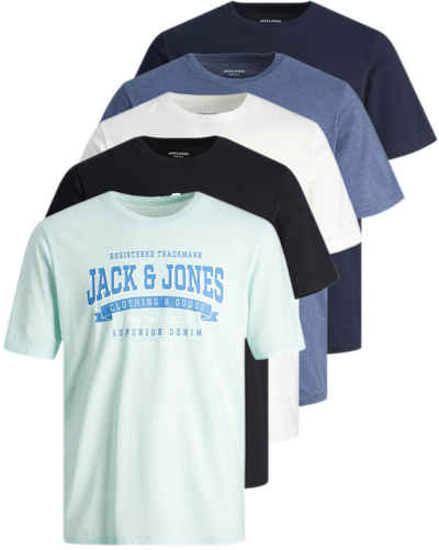 Jack & Jones Print-Shirt Bedrucktes T-Shirt aus Baumwolle (5er-Pack) bequemes Oberteil in Unifarben, Größe XXL