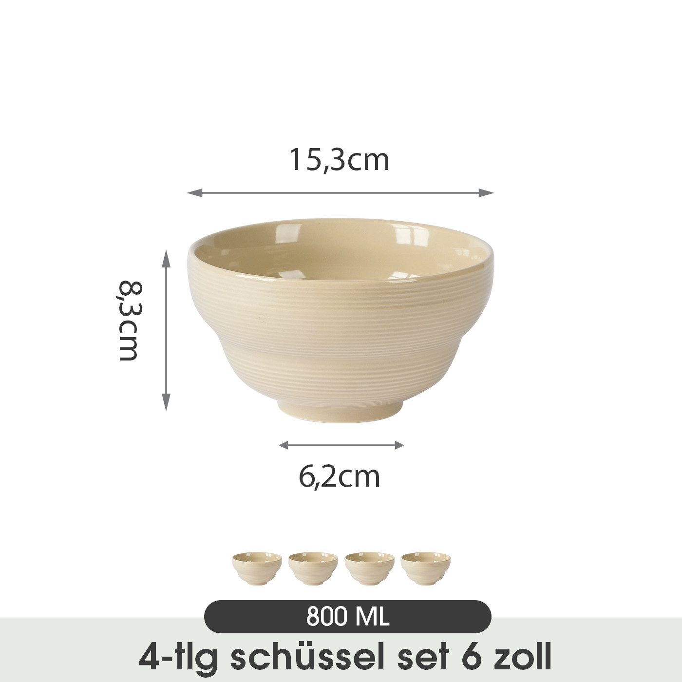 JIWOO Salatschüssel 4er Ø15,3 cm, Müslischüssel Suppenschüssel Dessertschale Obstschale, Keramik, (Schüsselset, 4-tlg), Hochwertiges Schüsseln Braun Mikrowellen spülmaschinenfest
