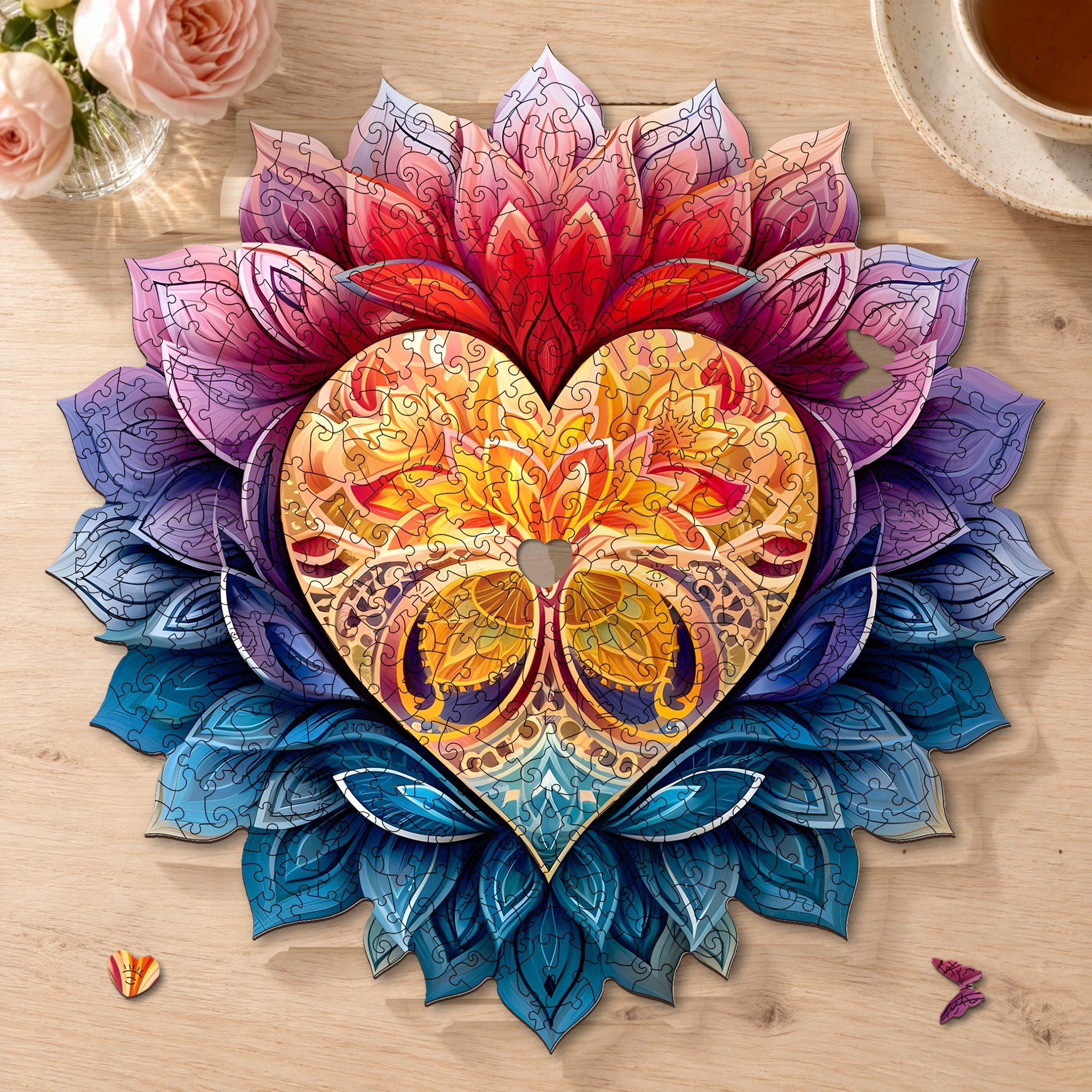 MagicHolz Puzzle Blühendes Herz Mandala aus Holz, 297 Puzzleteile