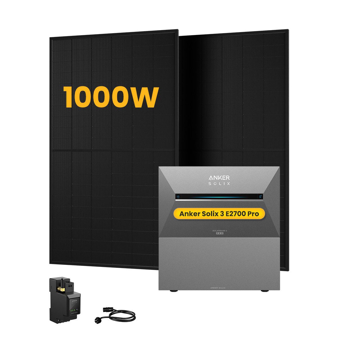 Anker Balkonkraftwerk 1000W Anker SOLIX Solarbank 3 E2700 Pro mit Smart Meter, 0-5x BP2700, (Smart Meter und 2x 500Wp Full Black im Lieferumfang enthalten), Speicher mit integriertem Wechselrichter, All-in-One 2,668kWh Akku