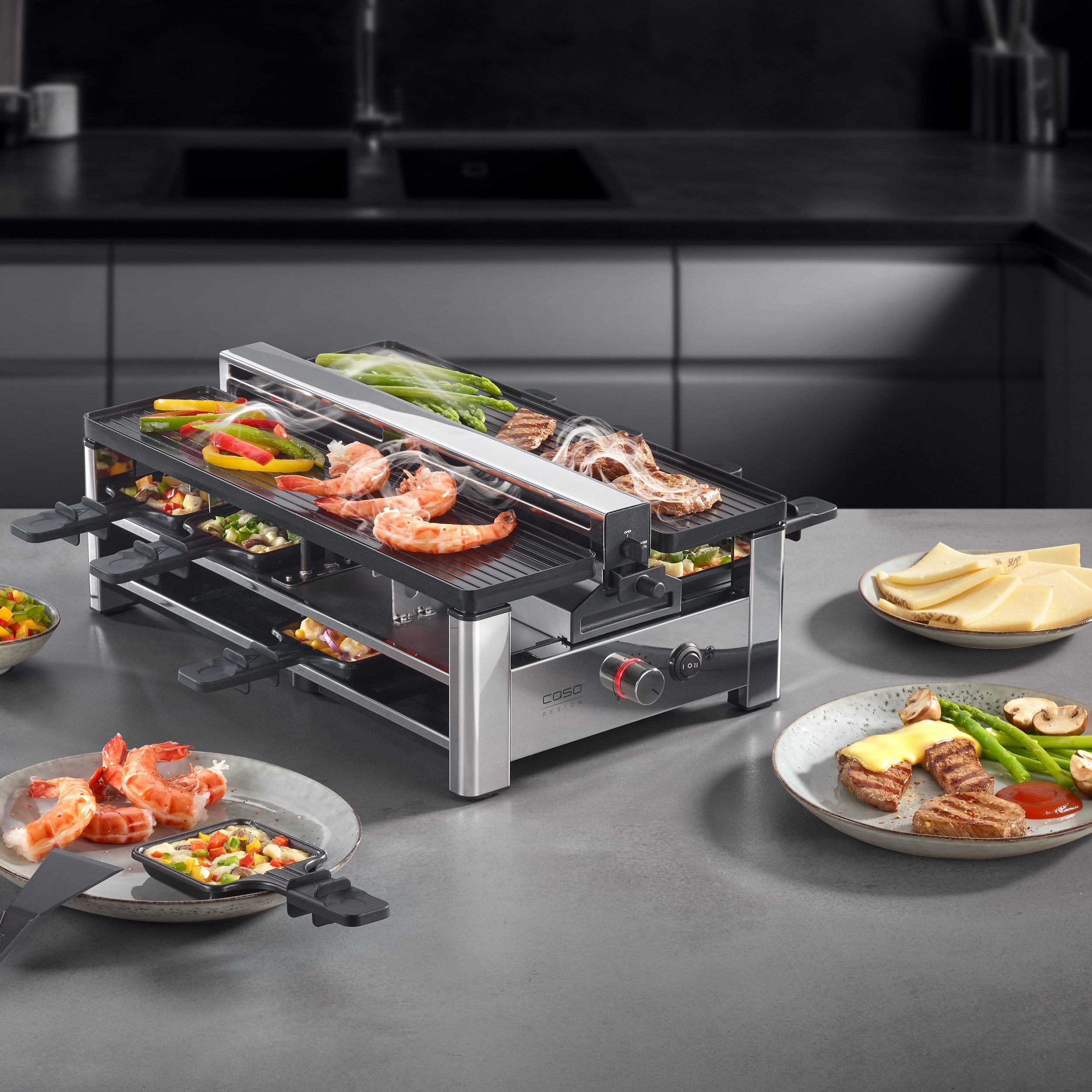 Caso Raclette AirClean, 8 Raclettepfännchen, 1500 W, Dunstabzug auf 2 Ebenen, 2 Geschwindigkeitsstufen, 8 Pfännchen