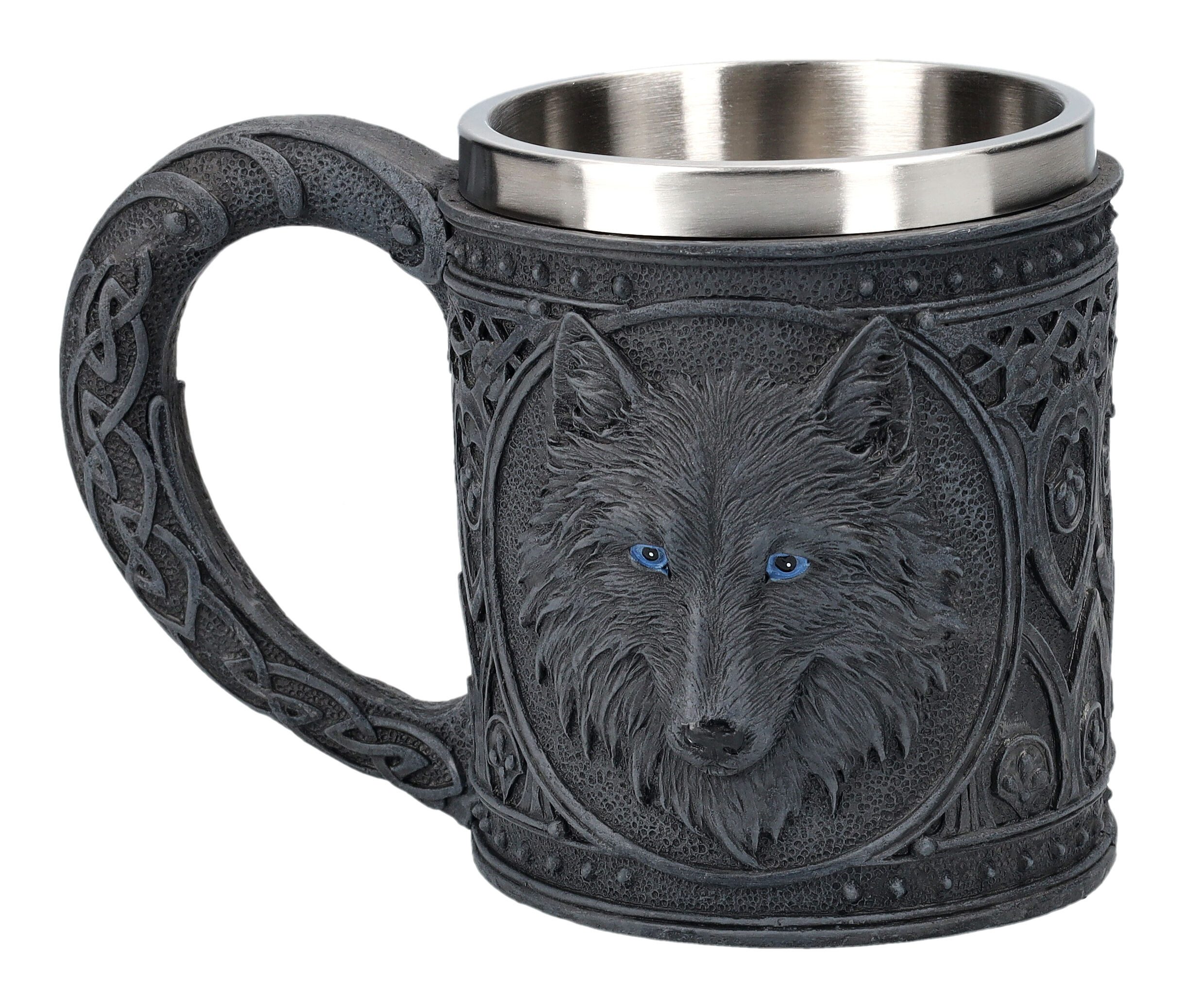 Figuren Shop GmbH Bierkrug Krug - Schwarzer Wolf - Biergkrug Fantasy Motiv Deko, Kunststein (Polyresin), Edelstahl