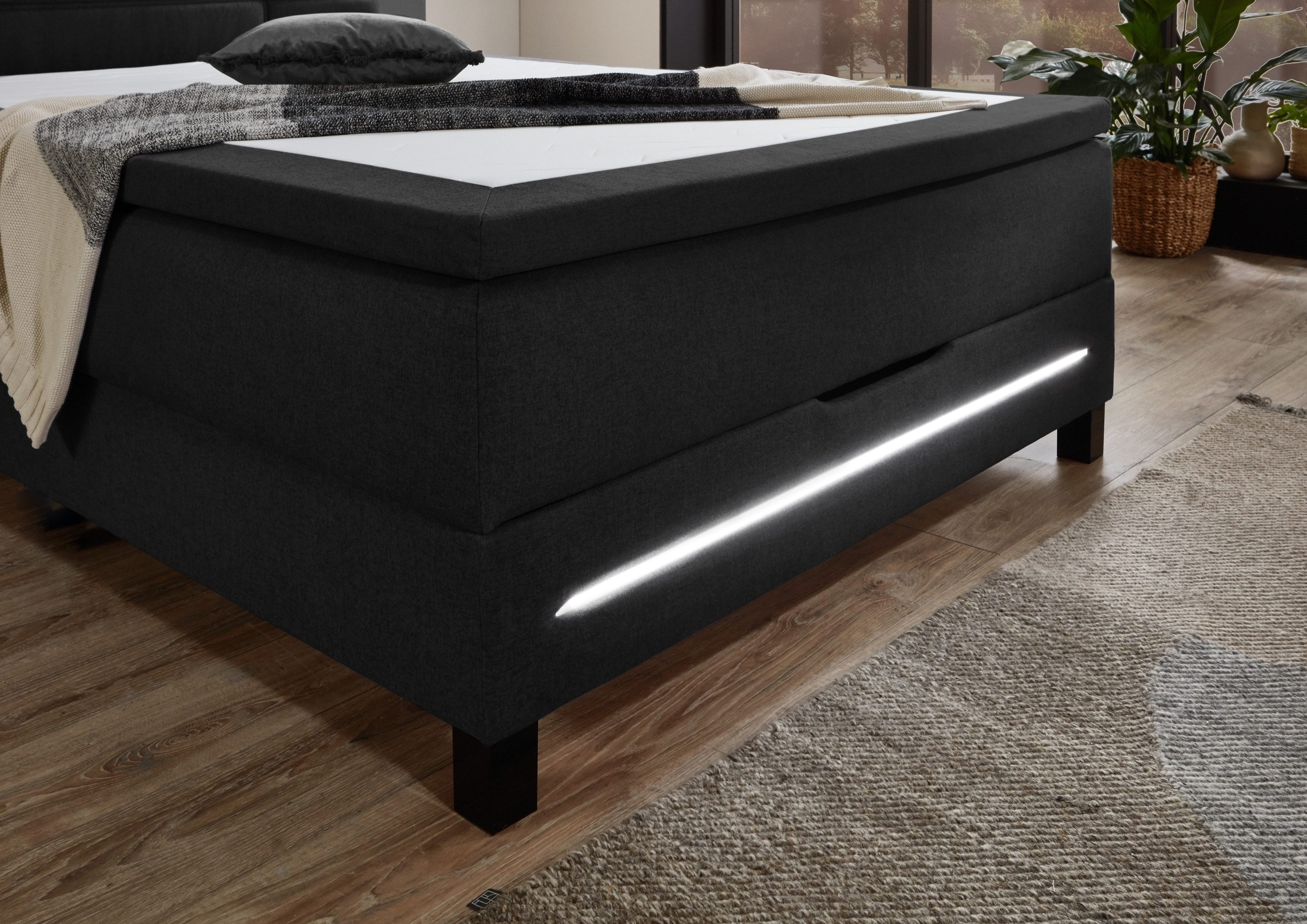 möbelando Young Box Spring Bed, incl. Topper, USB and LED Lighting, Anthracite - 140x200 cm