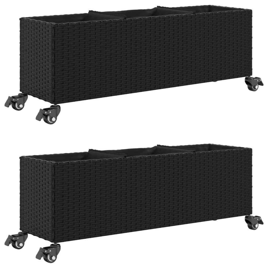 vidaXL Blumentopf Pflanzkübel mit Rollen 2 Stk. Schwarz 107x32x38 cm Poly Rattan (2 St)