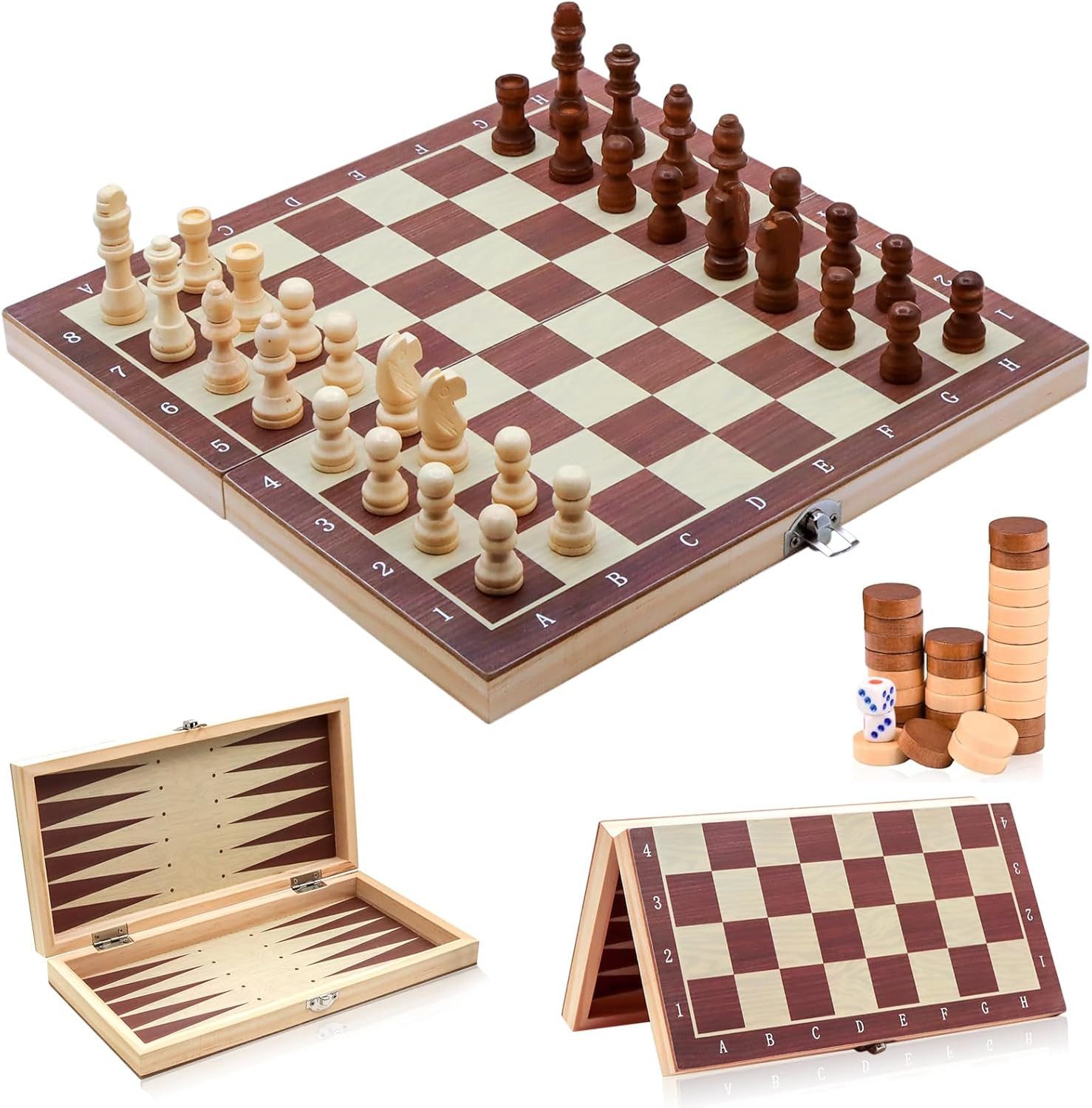 COFI 1453 Spiel 3-in-1 Brettspiel Schachspiel aus Holz – Schach, Dame & Backgammon