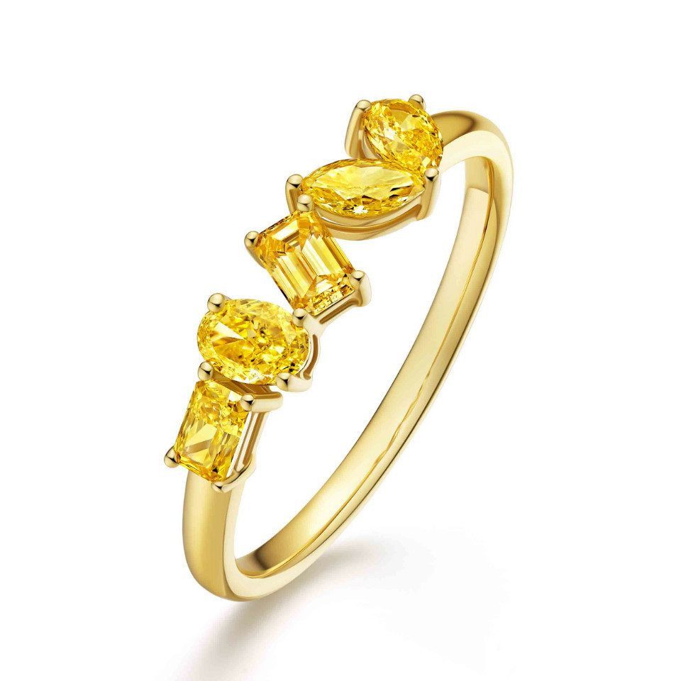 Sternvoll Diamantring Ring "Aurelia" mit gelben Labordiamanten in 18K Gold, Multi-Cut Diamanten, Asymmetrisches Design, IGI-zertifiziert