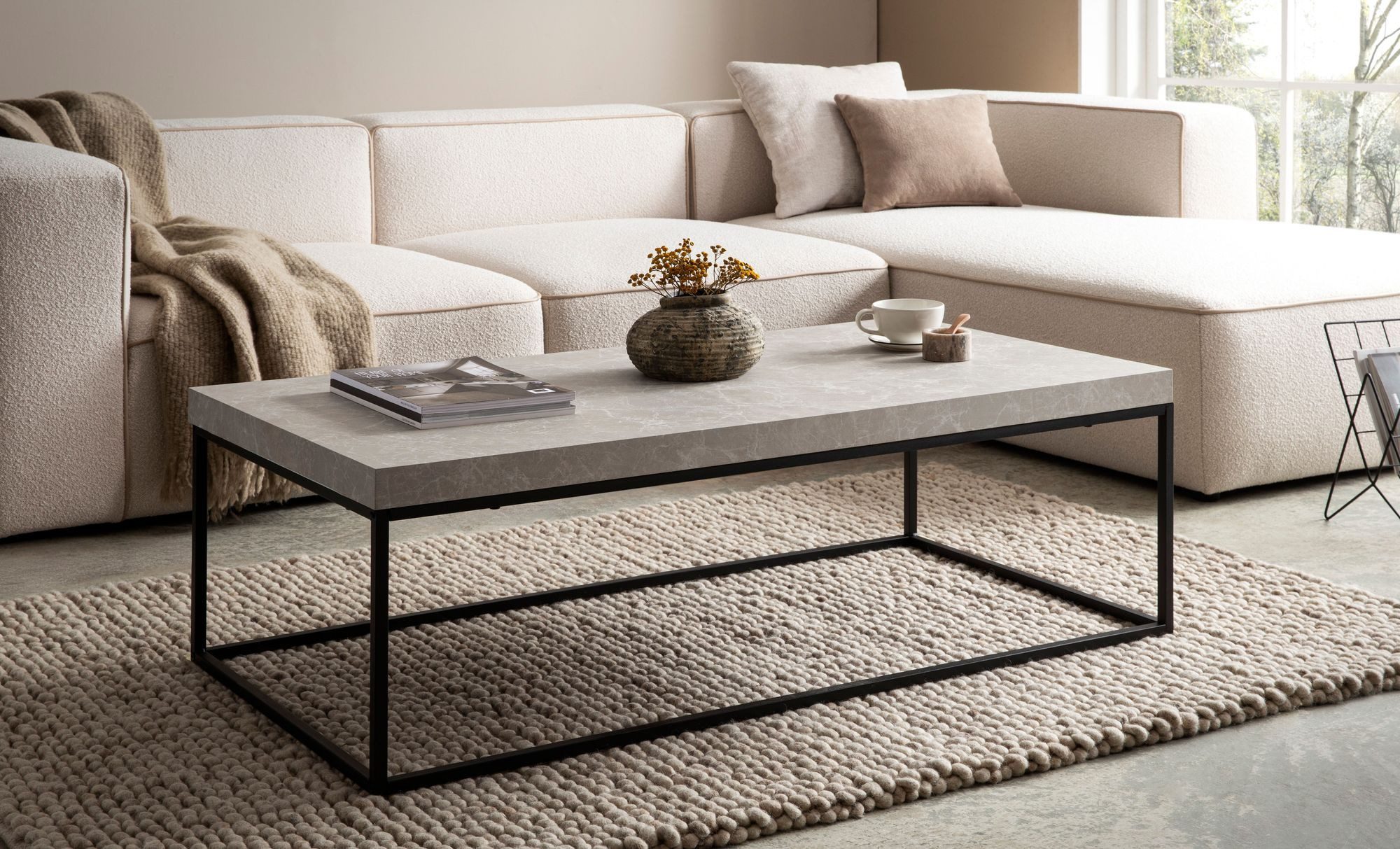 FINEBUY Couchtisch FB59745 Sofatisch 120 cm Wohnzimmertisch Groß Kaffeetisch Modern (120 cm MDF, Wohnzimmertisch Stein Optik Sandfarben), Sofatisch Beige Modern, Kaffeetisch Rechteckig
