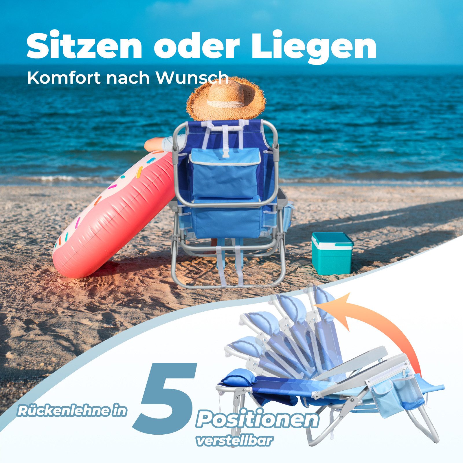HOMECALL Klappstuhl Strandstuhl Leicht Klappbar Camping, 5-fach verstellbare Rückenlehne (Bis150KG Aluminiumrahmen, groBe Kuhitasche und Aufbewahrungstasche, 2  – Bild 2 von 5