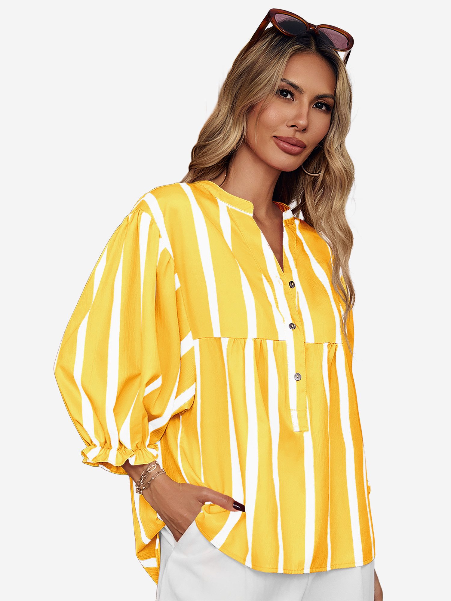 Imily Bela Blusentop Damen Puffärmel Bluse gestreift (Packung, 1-tlg., 1per-Pack) kontrastfarben