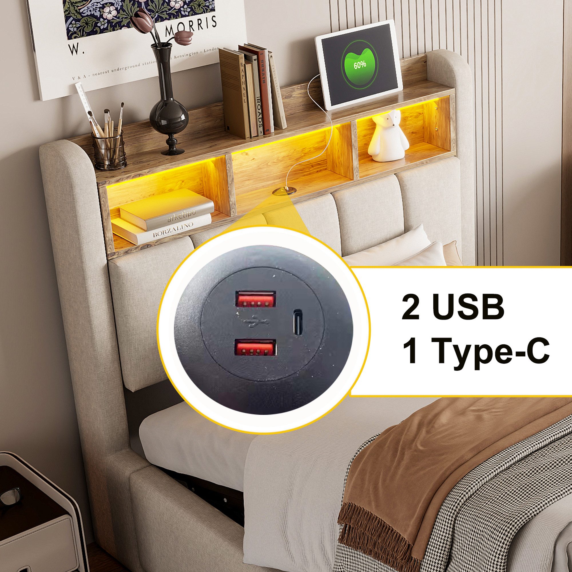 Merax Polsterbett mit hydraulischem Stauraum (215 x90 x 111 cm, 1-tlg., Leinenstoff), Jugendbett 90x200cm mit LED USB-Anschluss, Kopfteil mit Ablageflächen – Bild 5 von 5