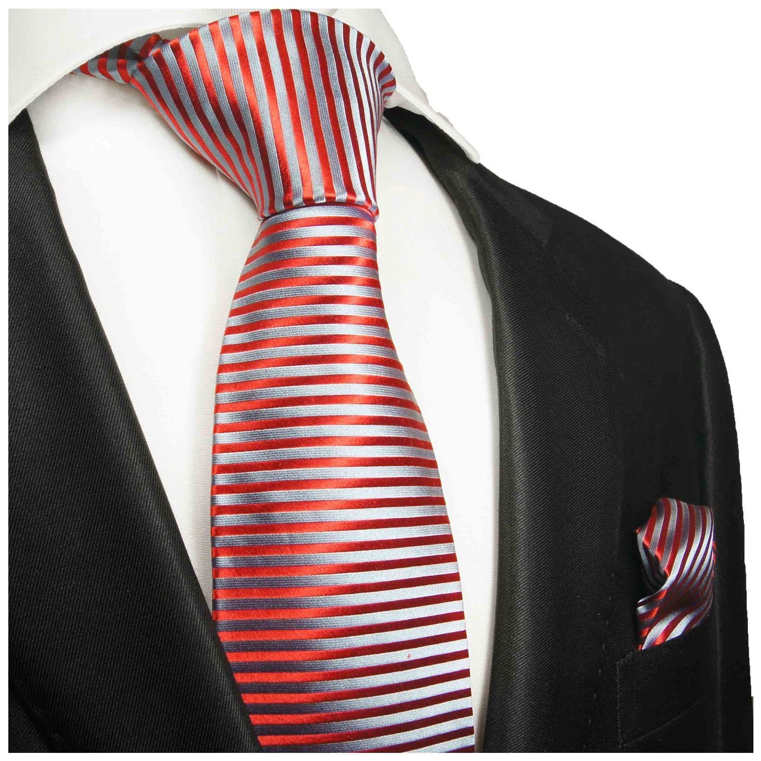 Paul Malone Krawatte Herren Seidenkrawatte mit Tuch modern gestreift 100% Seide (Set, 2-St., Krawatte mit Einstecktuch) Breit (8cm), rot blau 2004