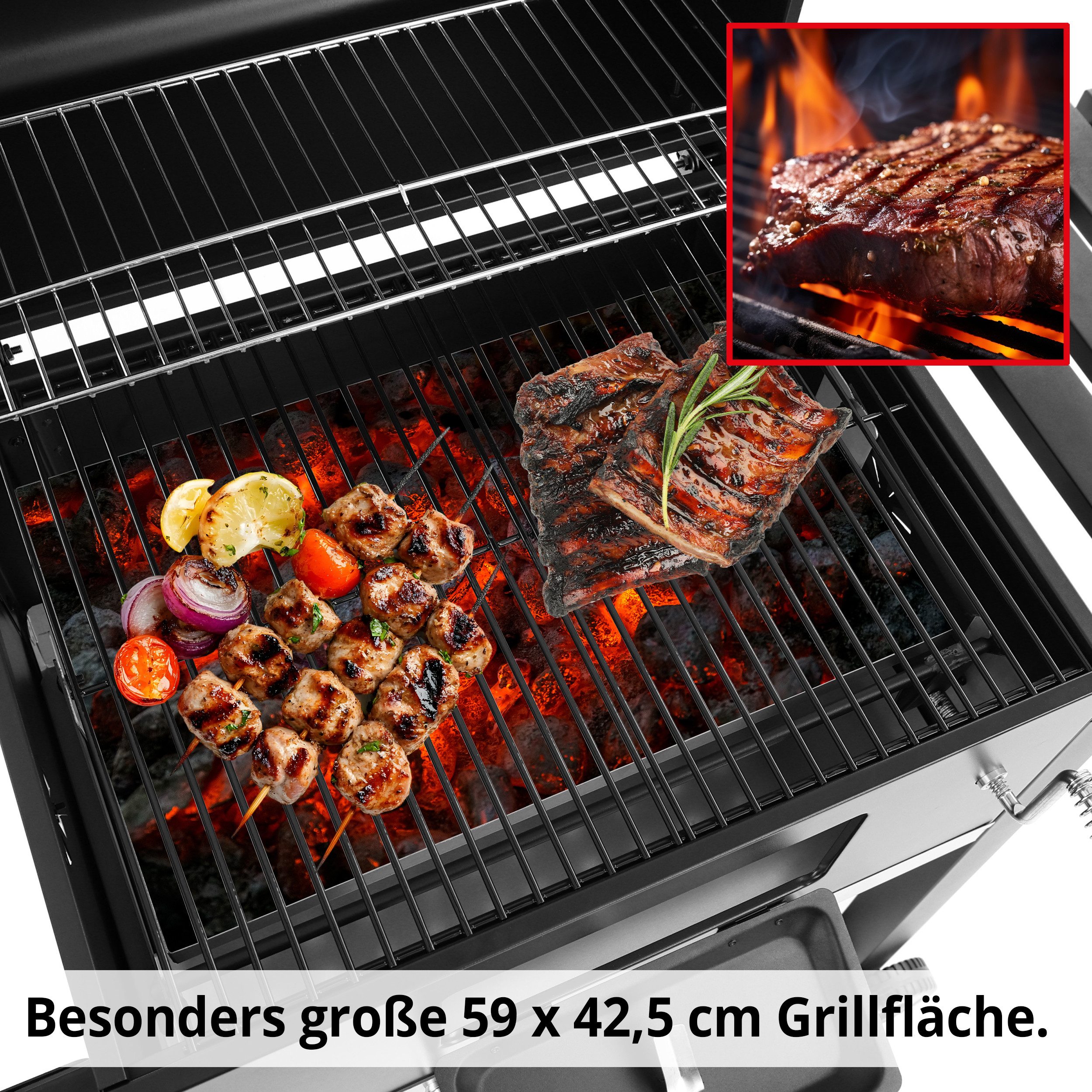 Hecht Holzkohlegrill XXL mit Deckel Thermometer Transporträder, integrierter Flaschenöffner, Ascheschublade